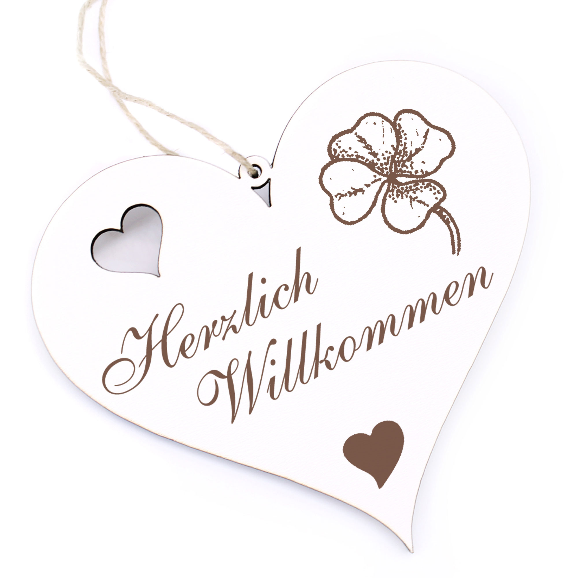 Herzlich Willkommen Schild - Vierblättriges  Kleeblatt - Deko Herz Holz