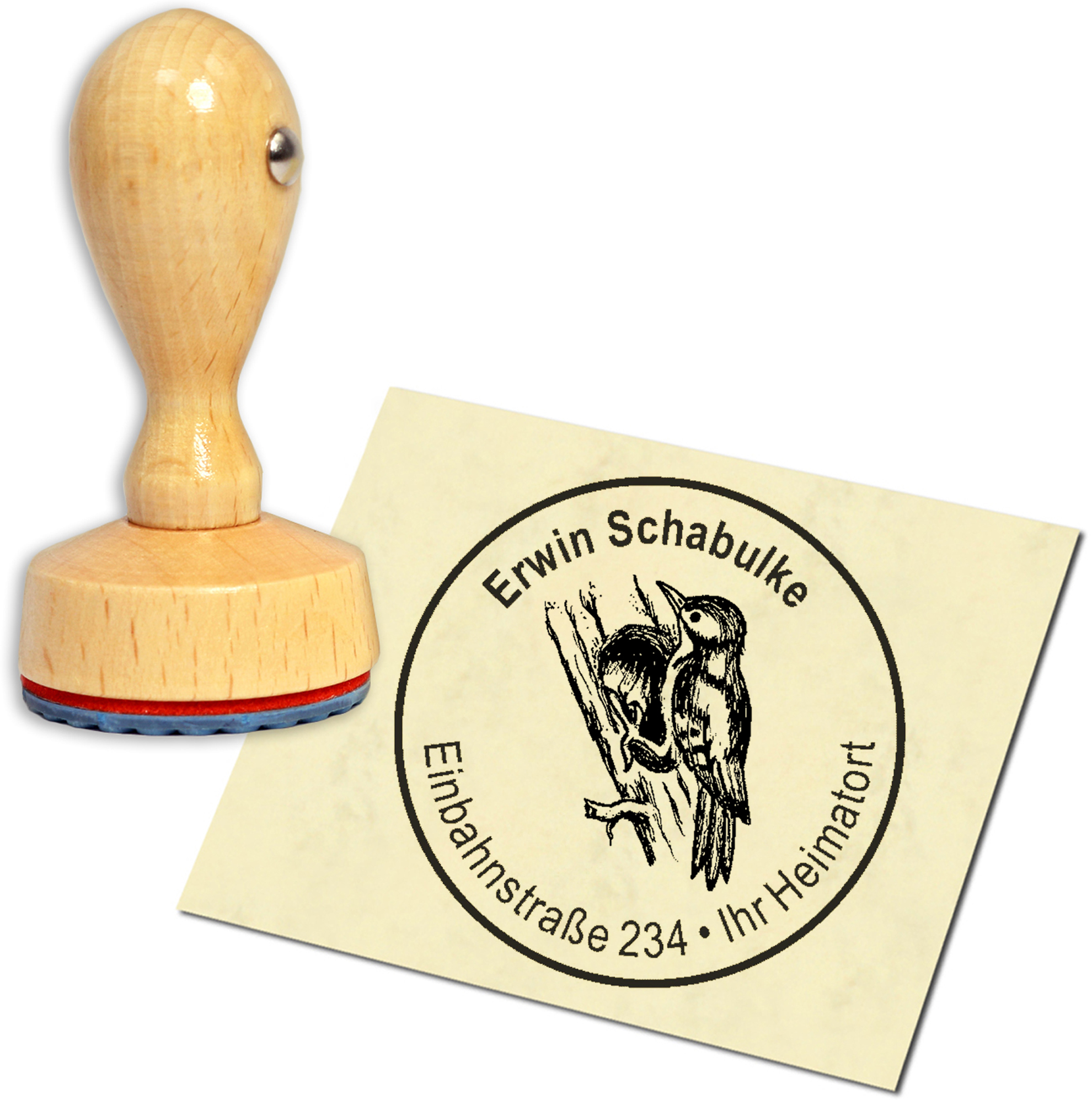 Stempel Adressstempel Holzstempel - Specht - rund 40mm
