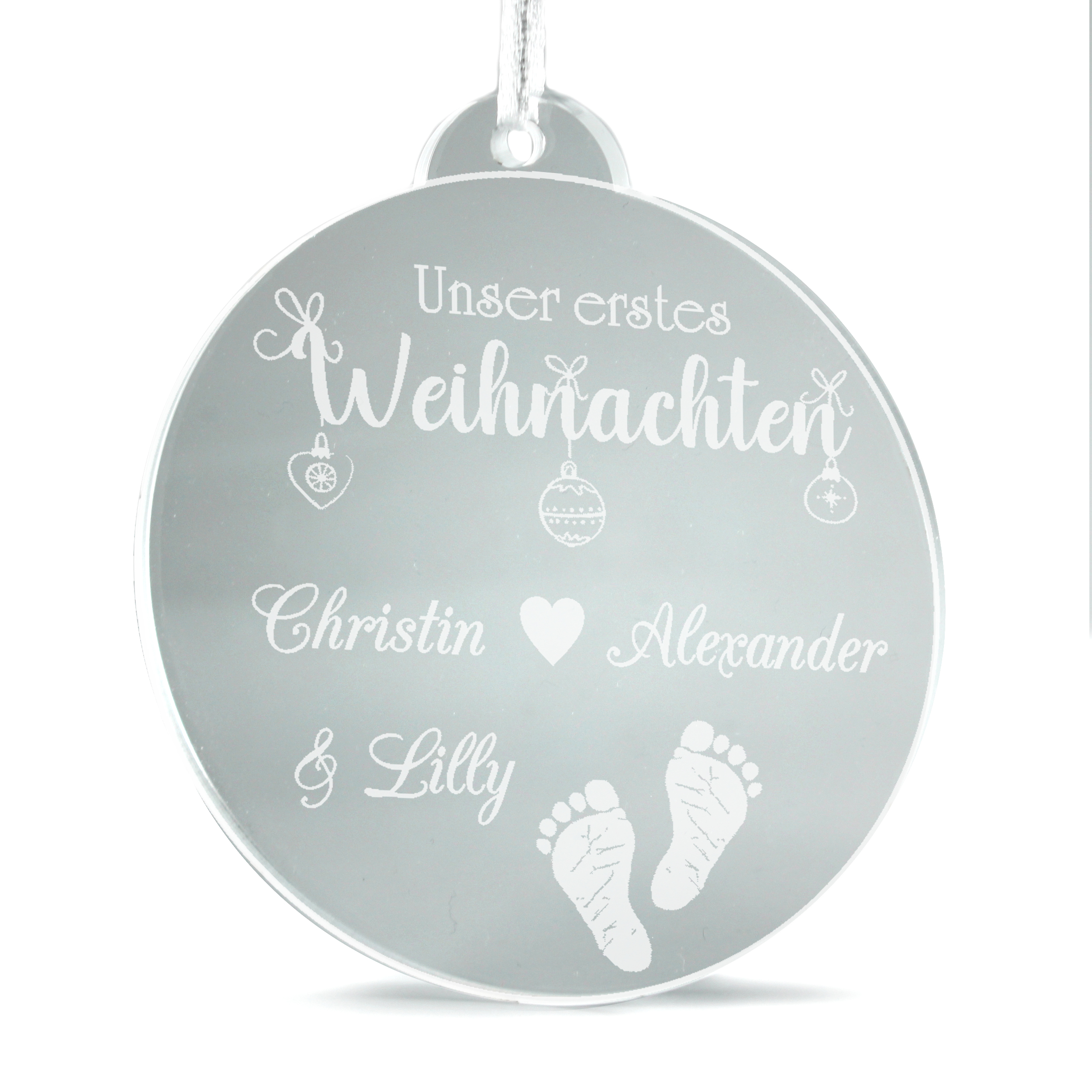 Christbaumanhänger Unser Erstes Weihnachten aus Acryl – transparente Weihnachtsanhänger mit weißer Gravur