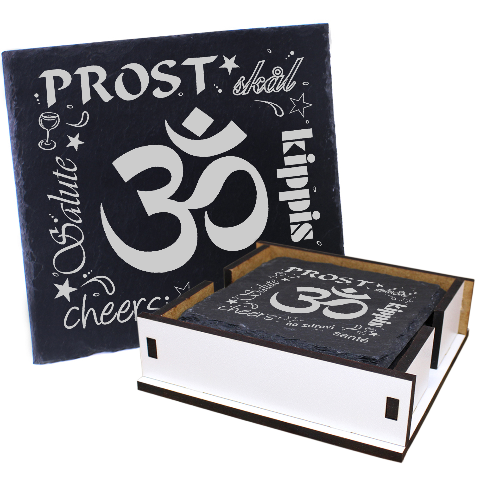 5 x Schiefer Untersetzer - Prost Hinduismus - inkl. Holzbox & Flaschenuntersetzer