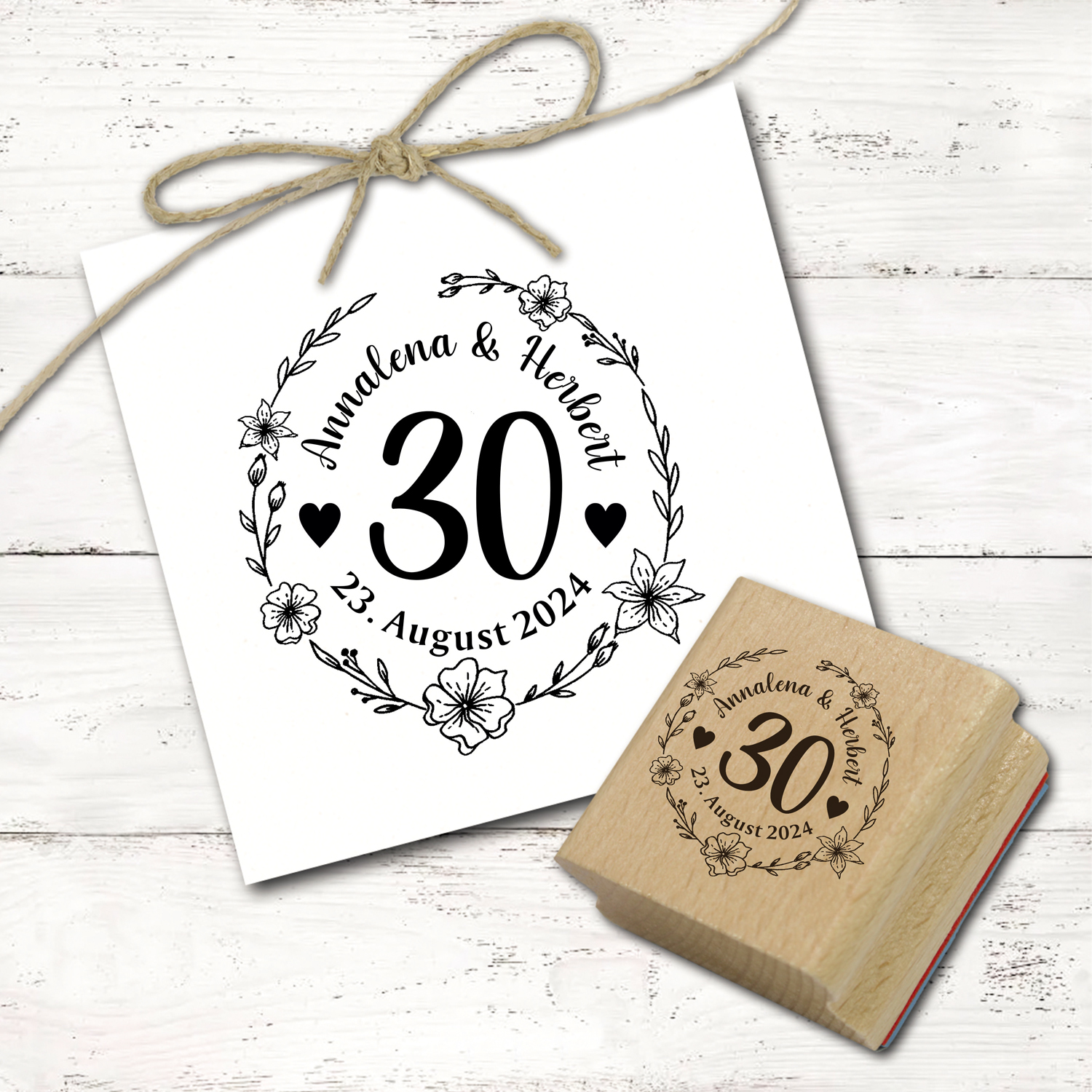 Motivstempel Hochzeit 30.  Hochzeitstag mit Namen, Datum und Zahl 30 Jahre - Blumen Kranz - Abdruck Ø 48 mm