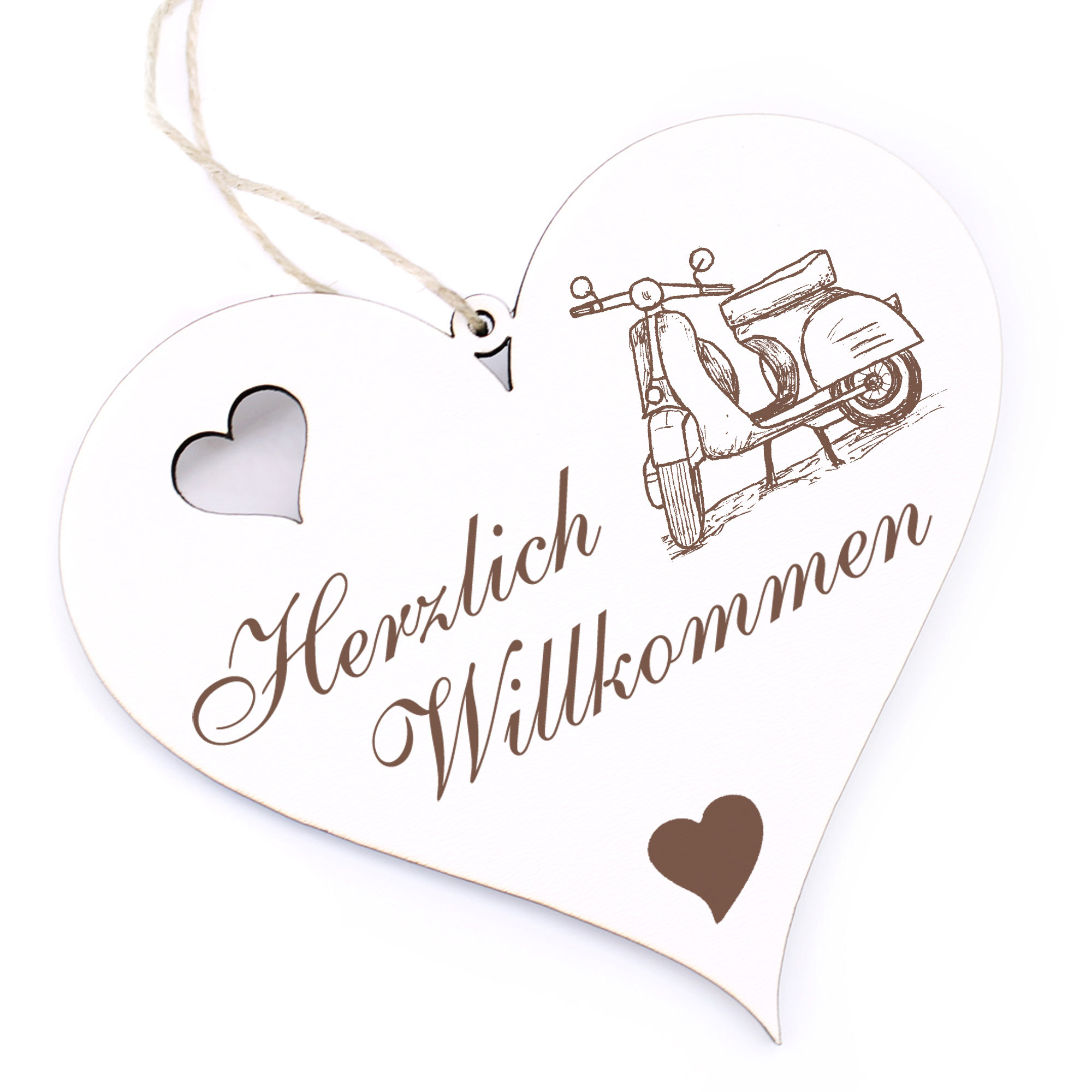 Herzlich Willkommen Schild - Motorroller - Deko Herz Holz