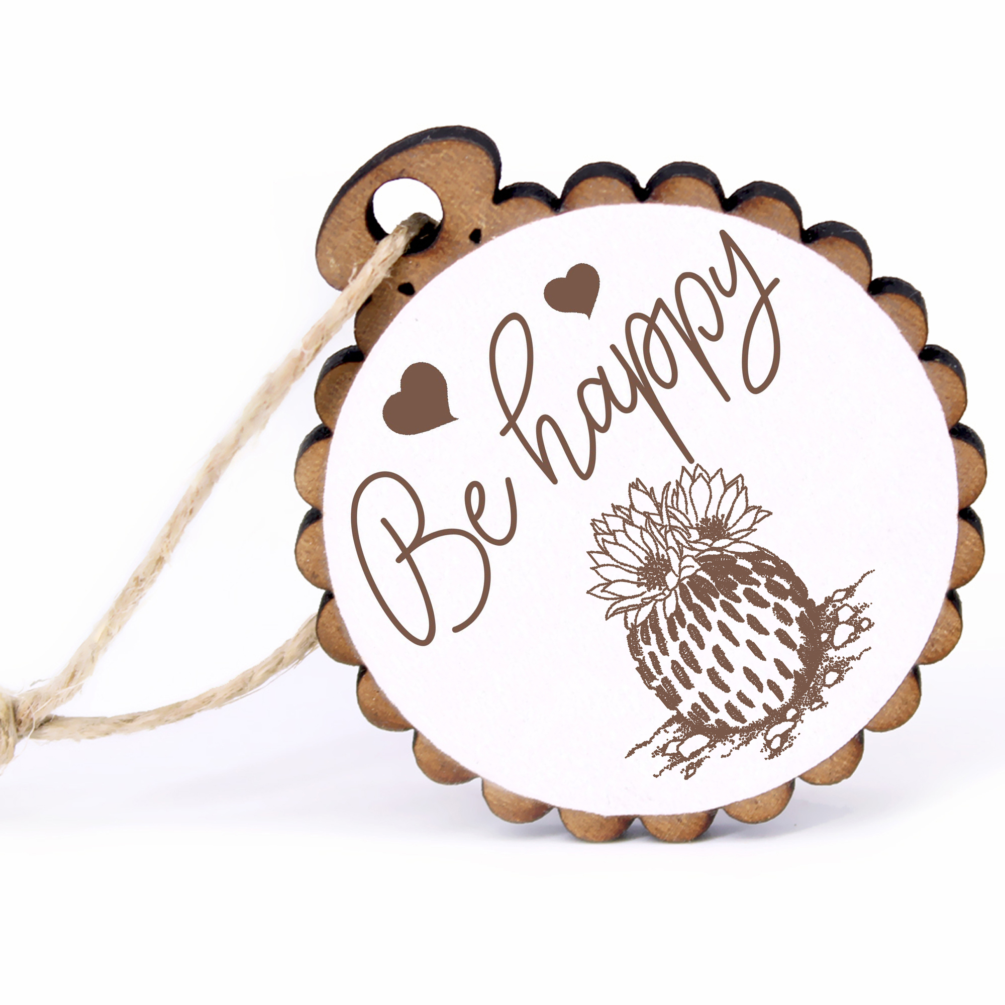 Geschenkanhänger - Be Happy Kaktus -  Holz Ø-5cm - mit Juteband