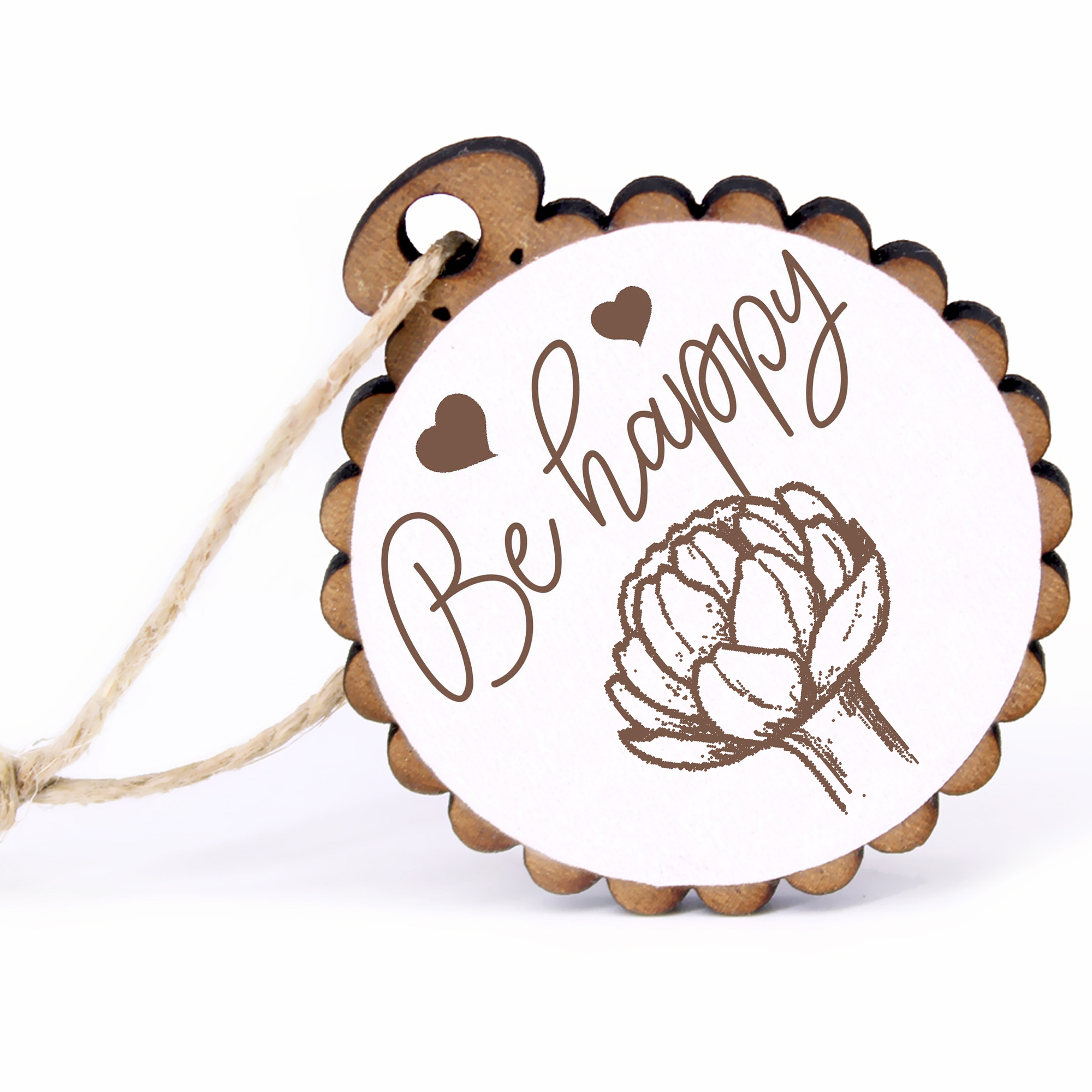 Geschenkanhänger - Be Happy Artischocke -  Holz Ø-5cm - mit Juteband
