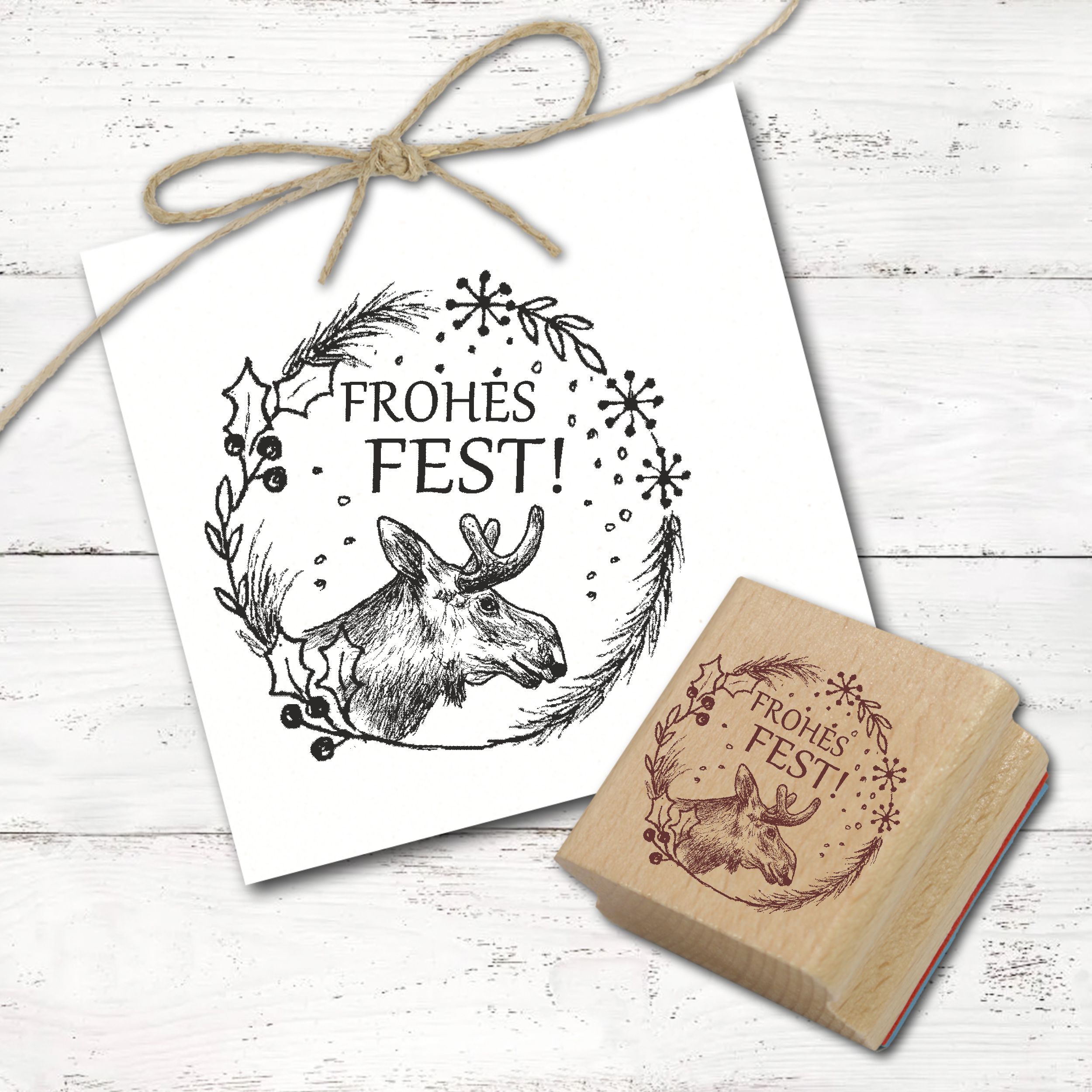 Motivstempel Elch - Frohes Fest - Mistelzweig Kranz Stempel Weihnachten Holzstempel Ø 48 mm