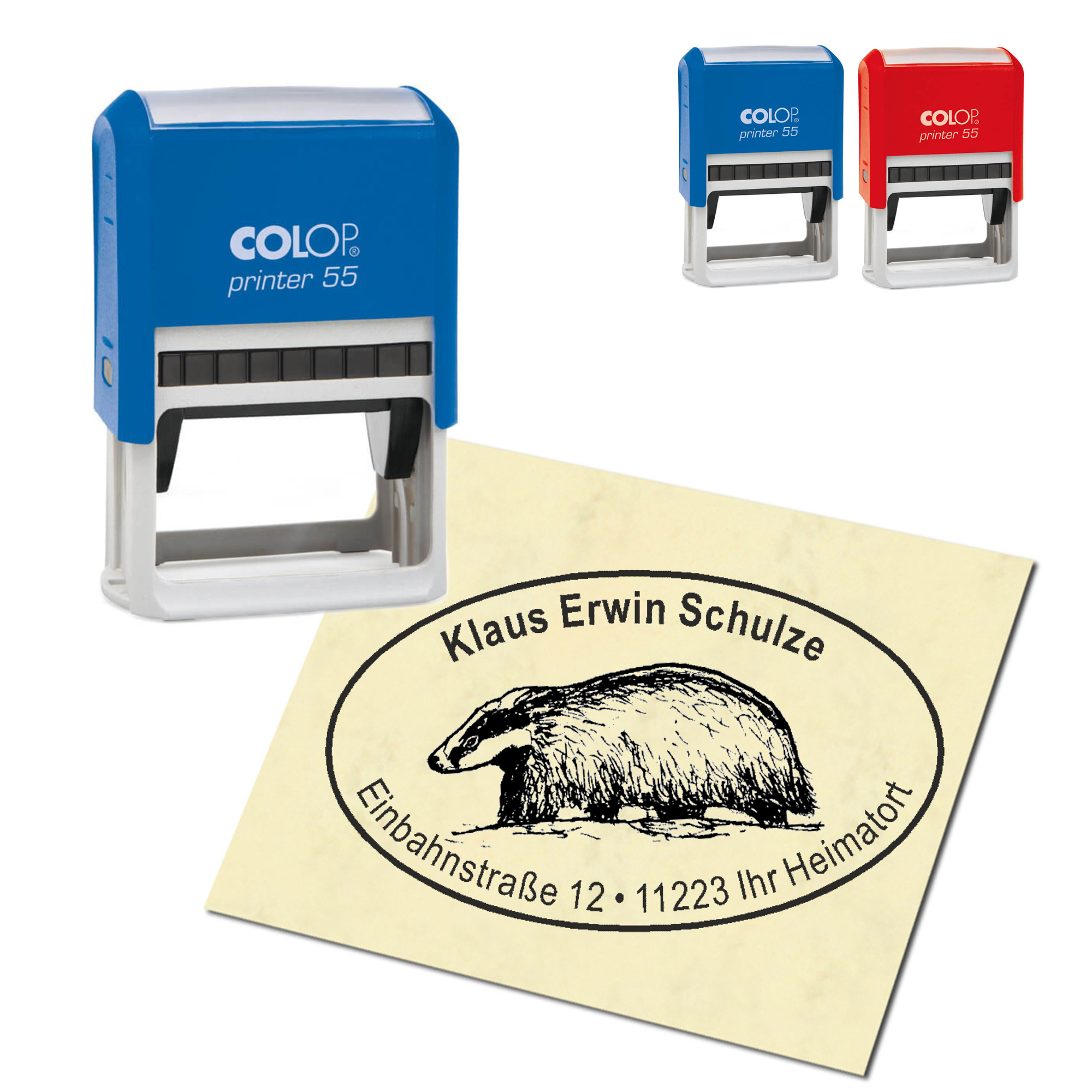 Adressstempel personalisiert Stempel - Dachs auf Sand - oval 59 x 39 mm