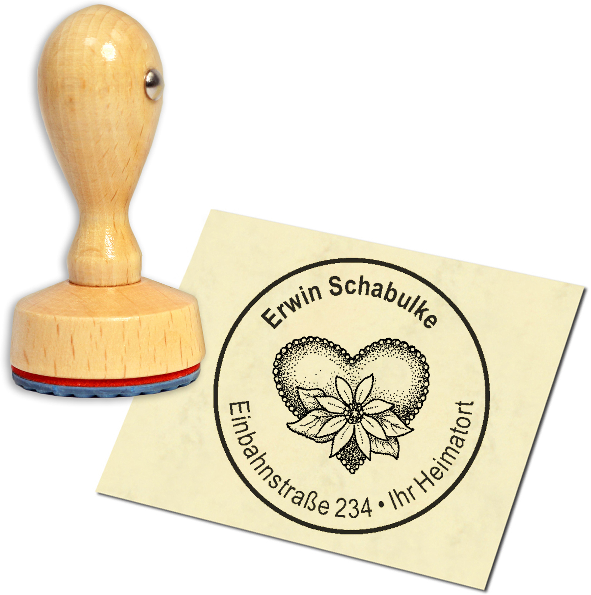 Stempel Adressstempel Holzstempel - Herz mit Blume - rund 40mm