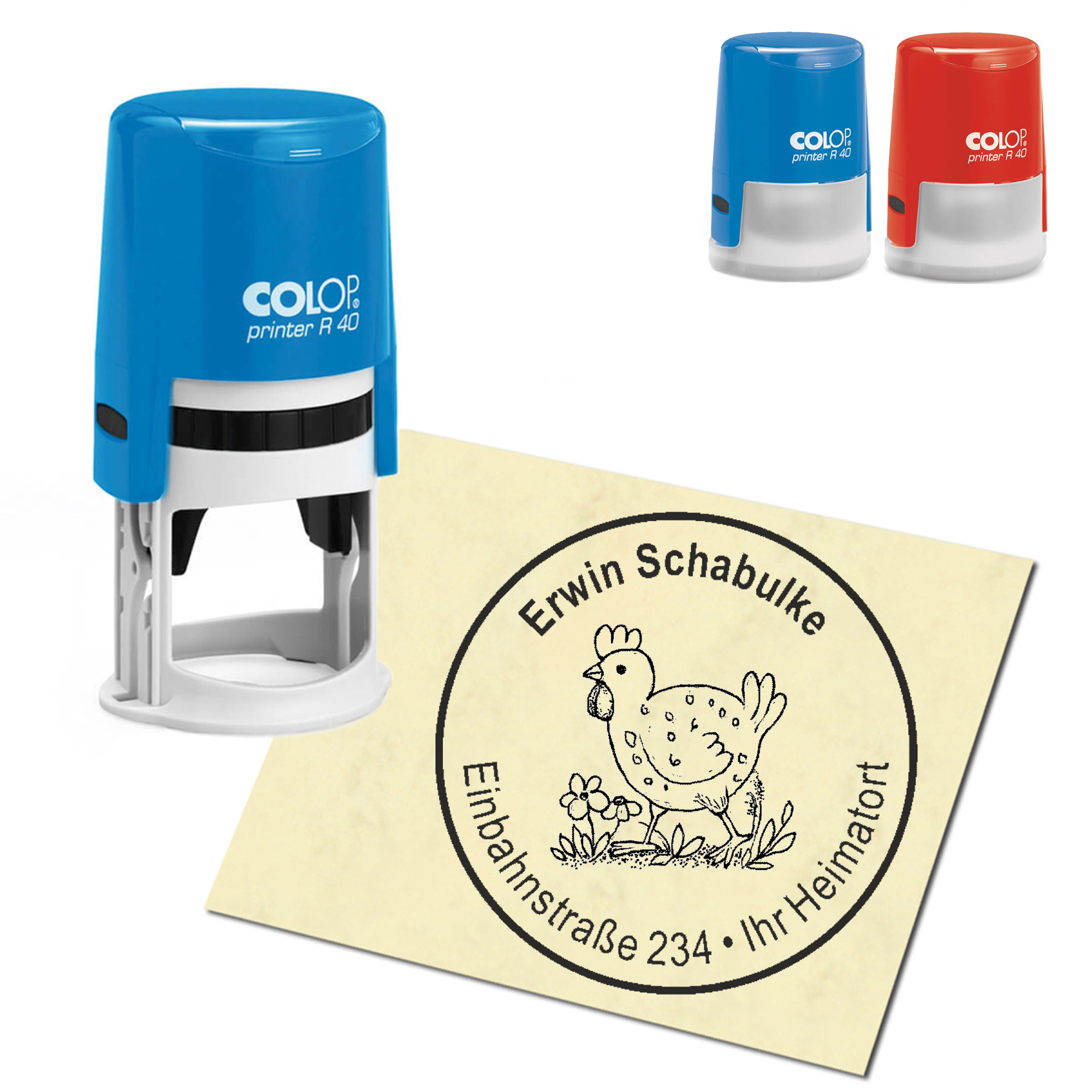 Stempel Adressstempel personalisiert - Huhn auf einer Wiese - rund &empty; 40mm