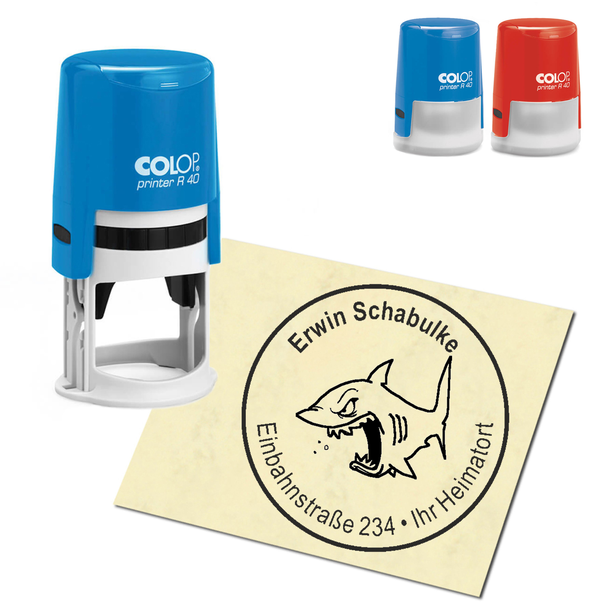 Stempel Adressstempel personalisiert - witziger Hai - rund &empty; 40mm