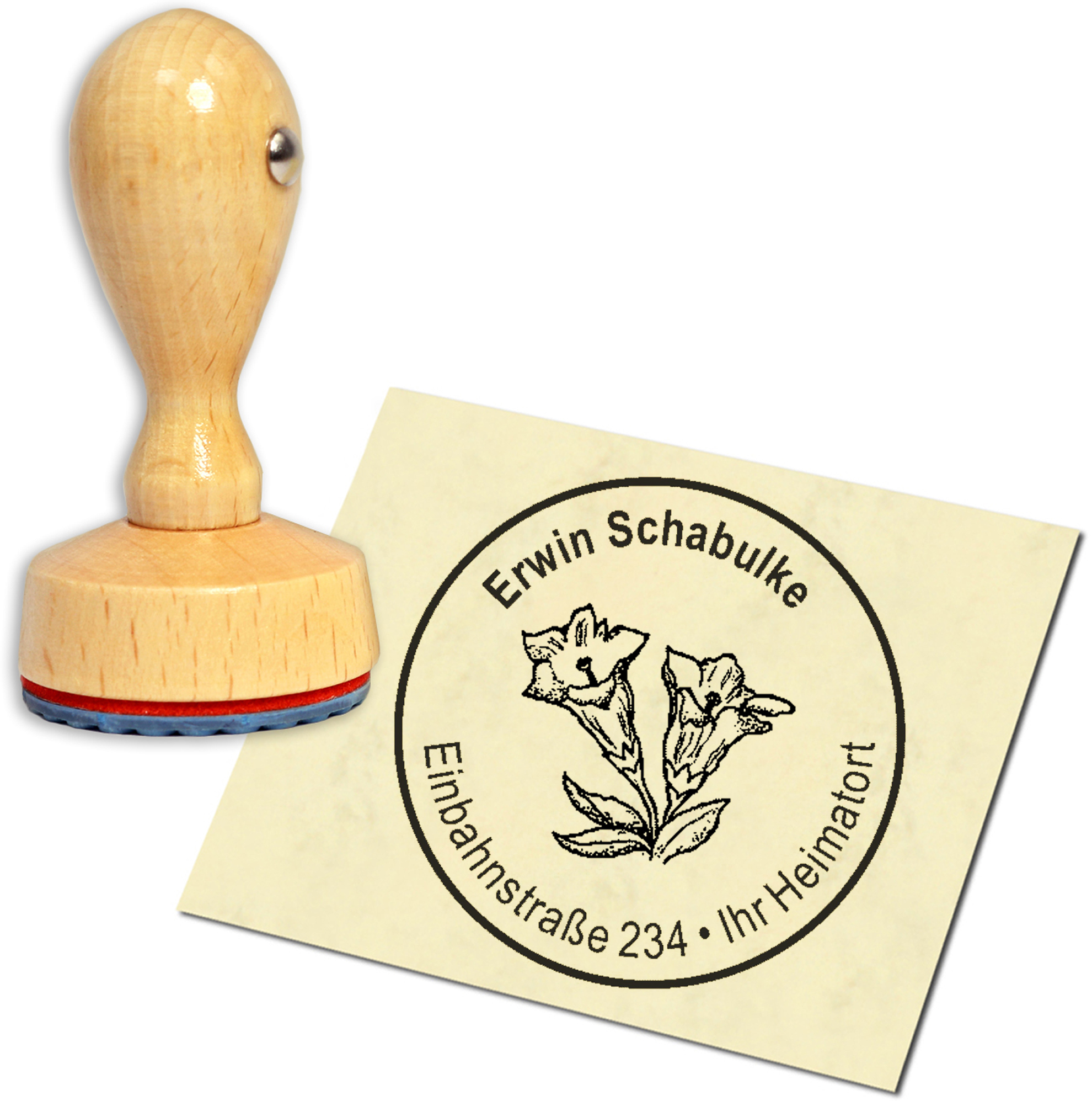 Stempel Adressstempel Holzstempel - Enzian - rund 40mm