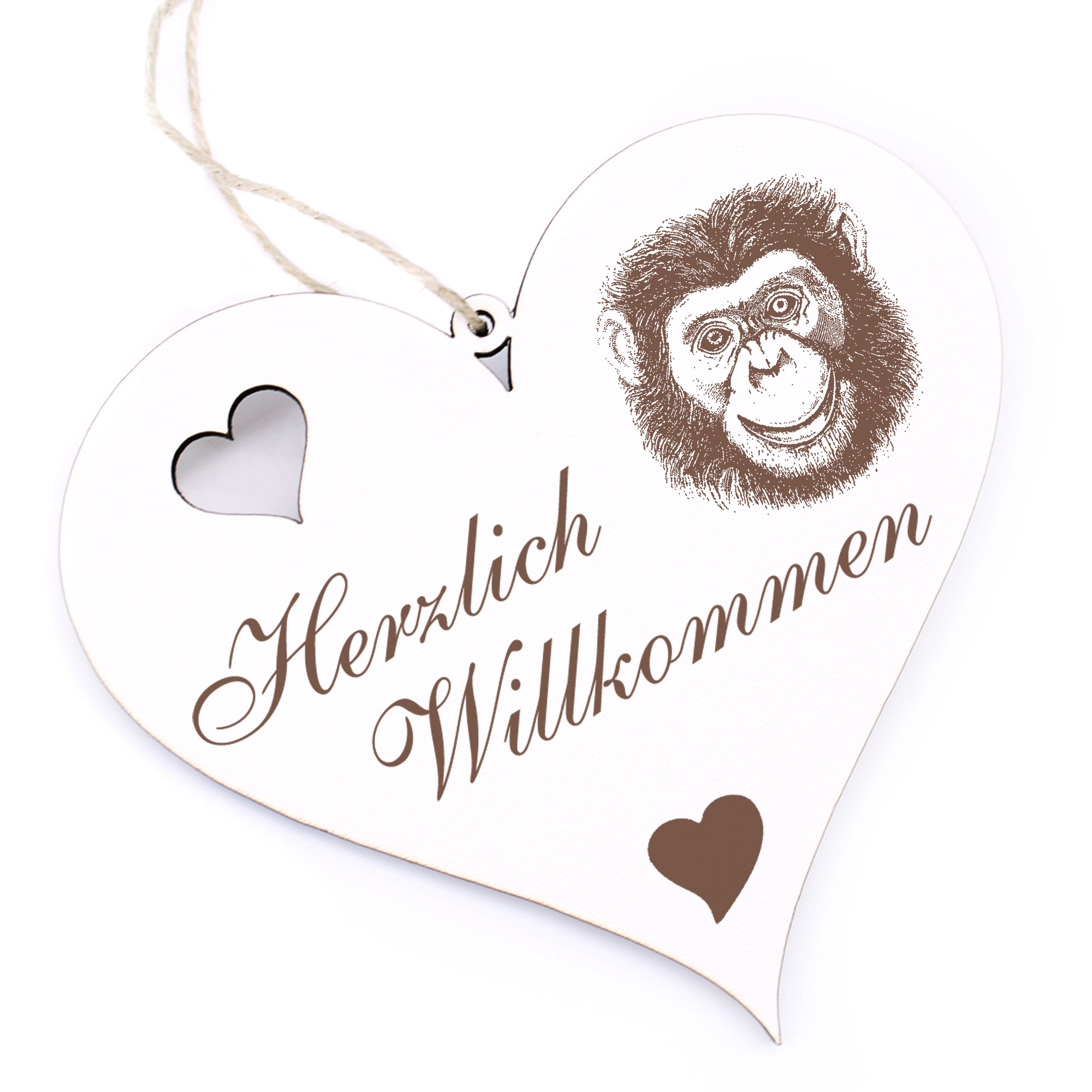 Herzlich Willkommen Schild - Affe Schimpanse Kopf - Deko Herz Holz