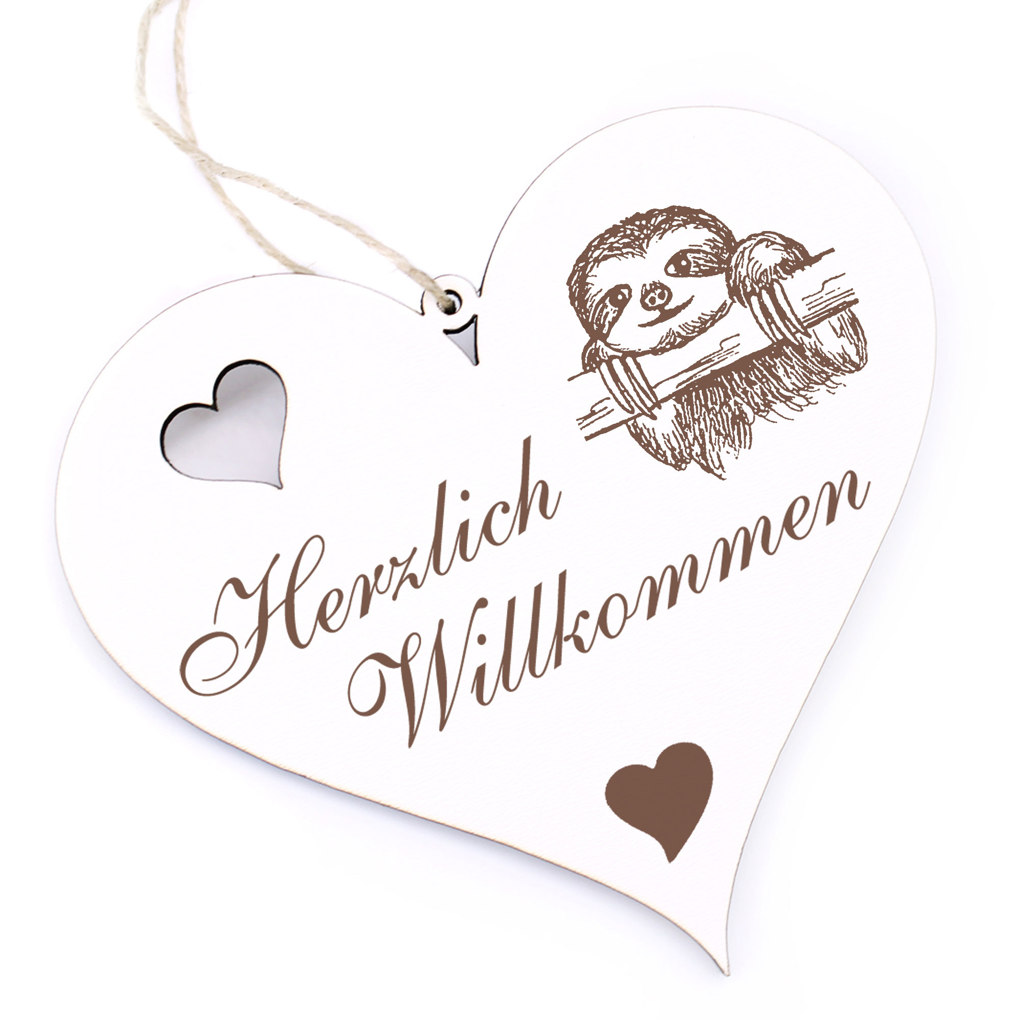 Herzlich Willkommen Schild - Faultier Kopf - Deko Herz Holz