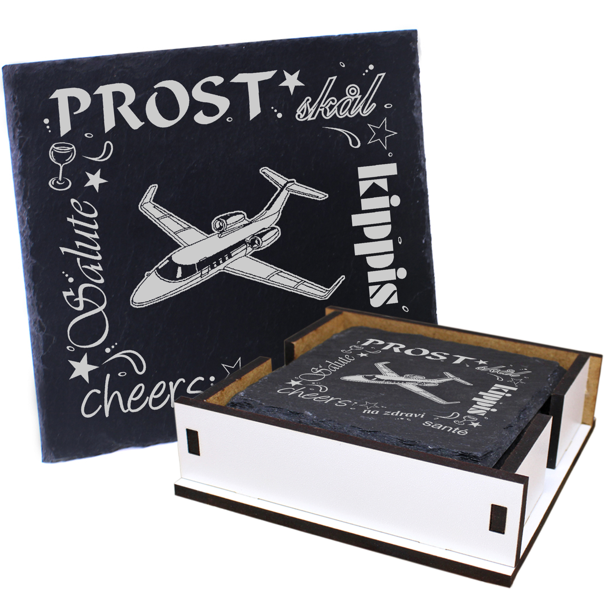 5 x Schiefer Untersetzer - Prost Jet - inkl. Holzbox & Flaschenuntersetzer
