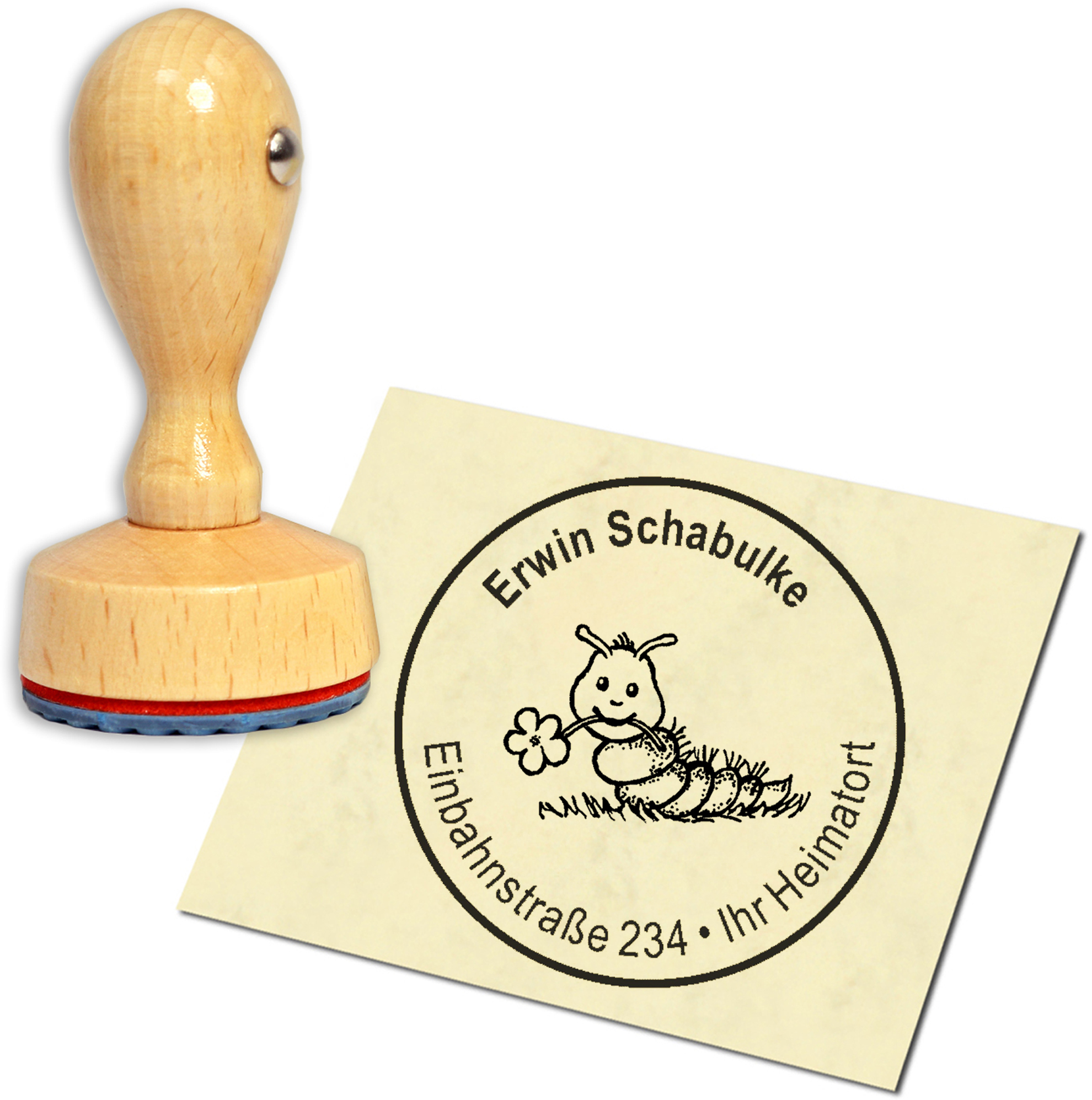 Stempel Adressstempel Holzstempel - Raupe mit Blume - rund 40mm