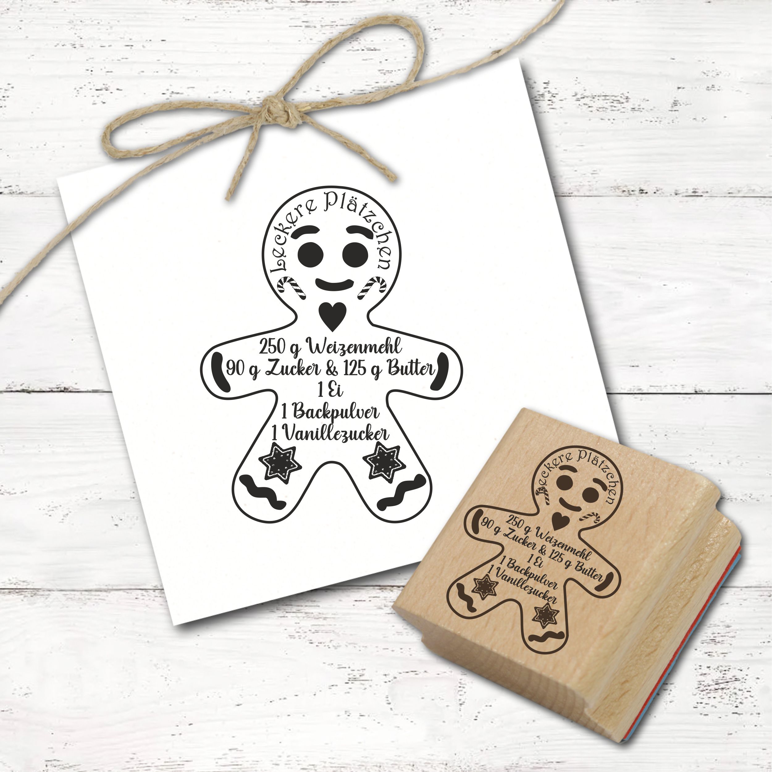 Motivstempel Lebkuchenmann mit Rezept für Plätzchen - Weihnachtsstempel Stempel Backen Holzstempel 46 mm x 59 mm