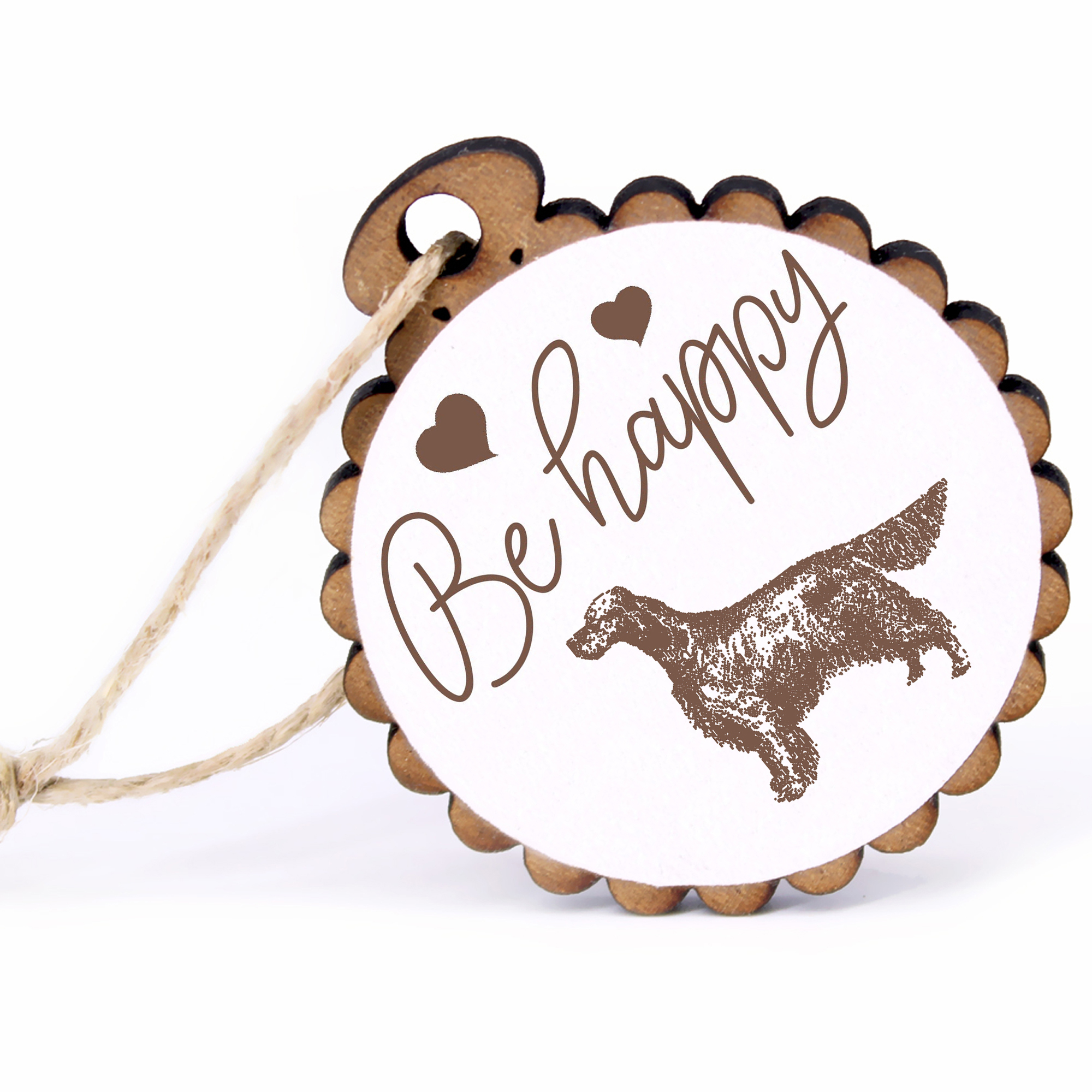 Geschenkanhänger - Be Happy English Setter -  Holz Ø-5cm - mit Juteband