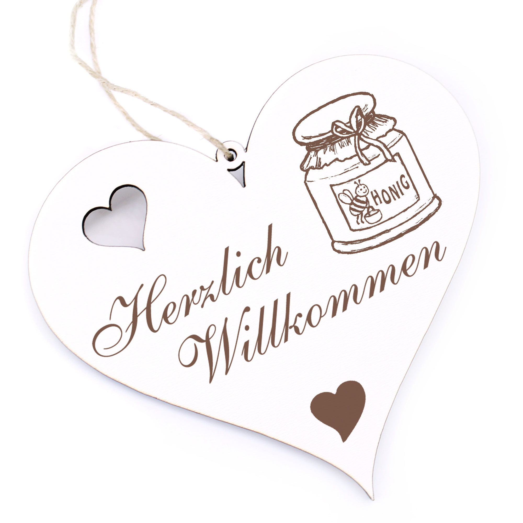 Herzlich Willkommen Schild - Honigglas - Deko Herz Holz