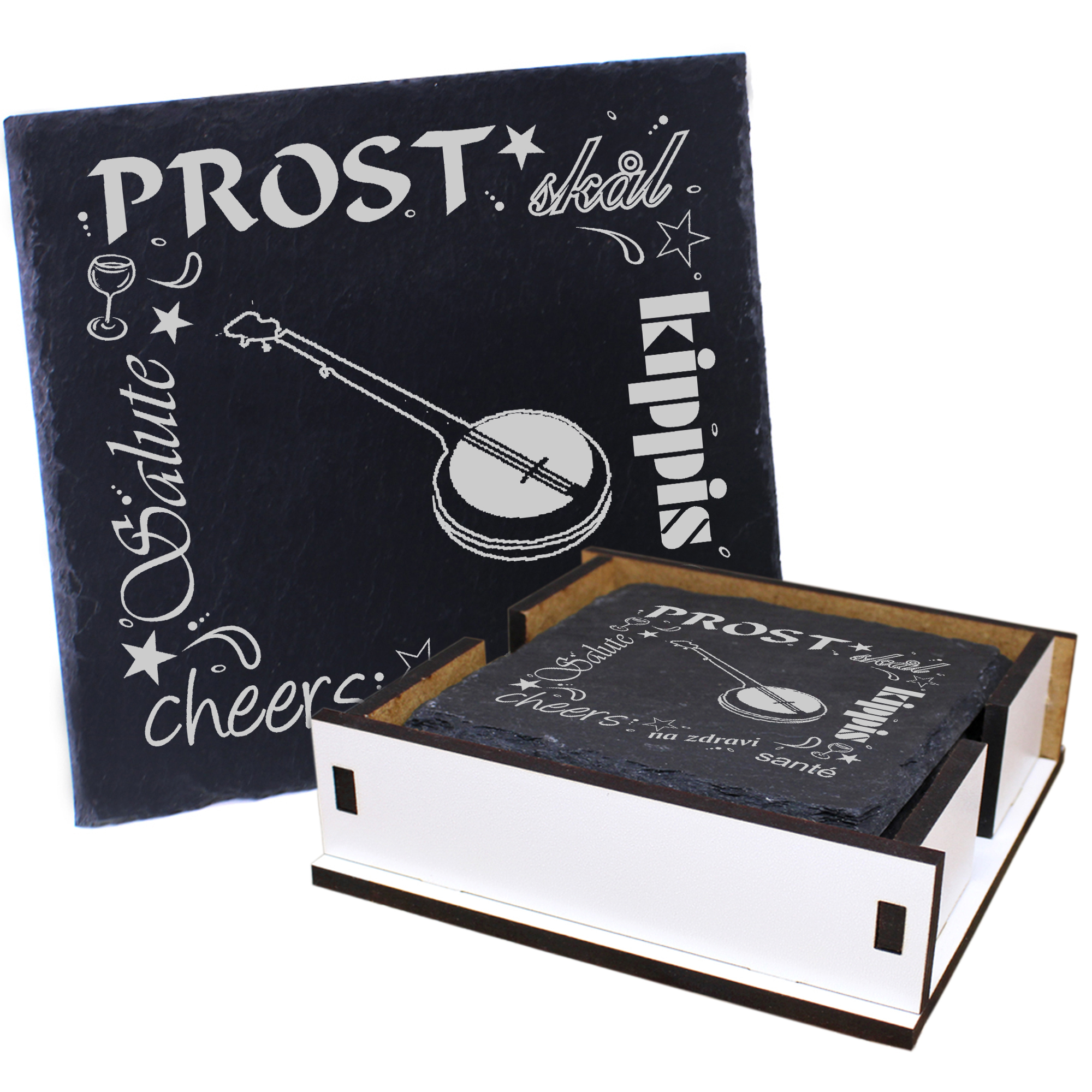 5 x Schiefer Untersetzer - Prost Banjo - inkl. Holzbox & Flaschenuntersetzer