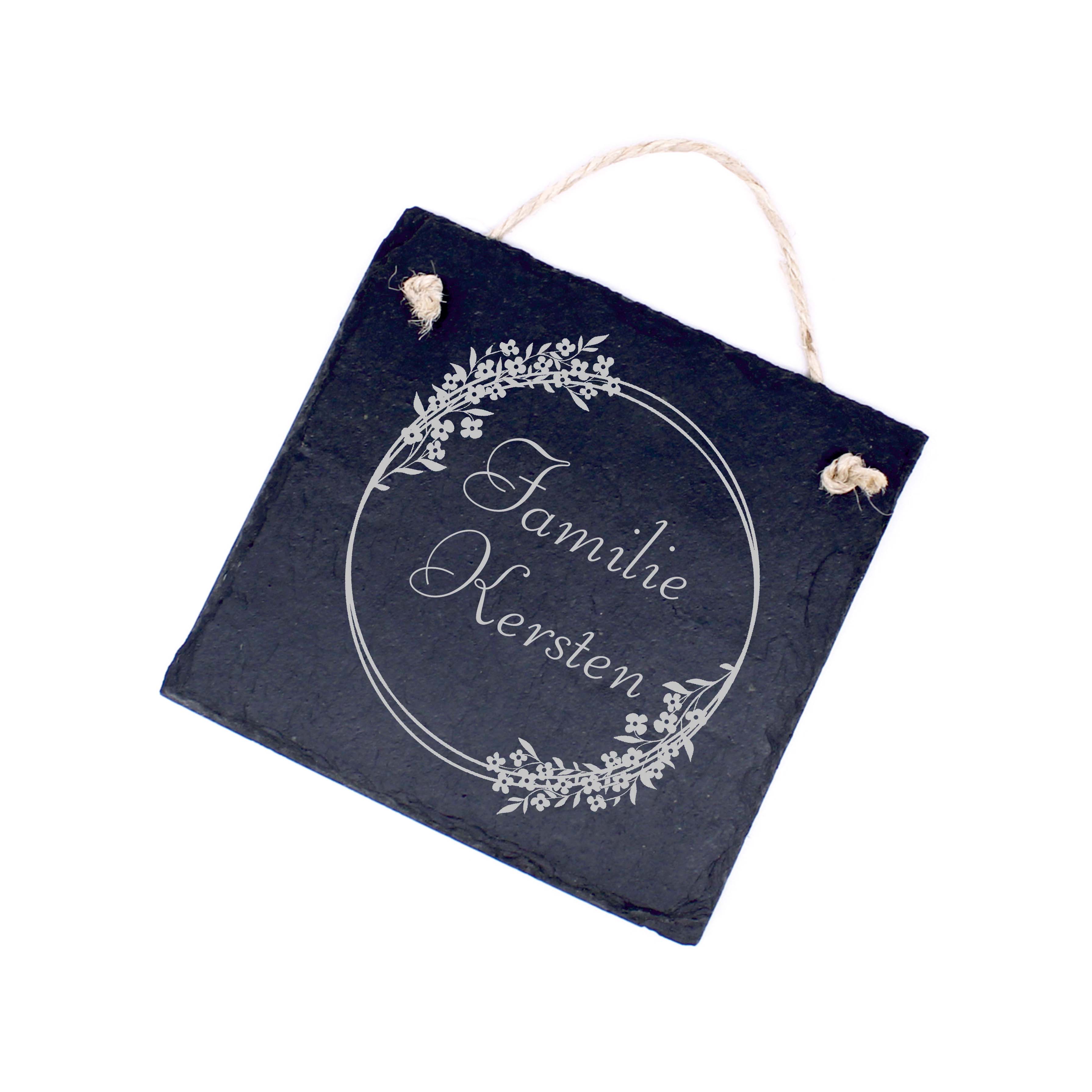 Schiefertafel Blumenkranz Miniblumen mit Familienname - Schild Türschild 11x11 cm