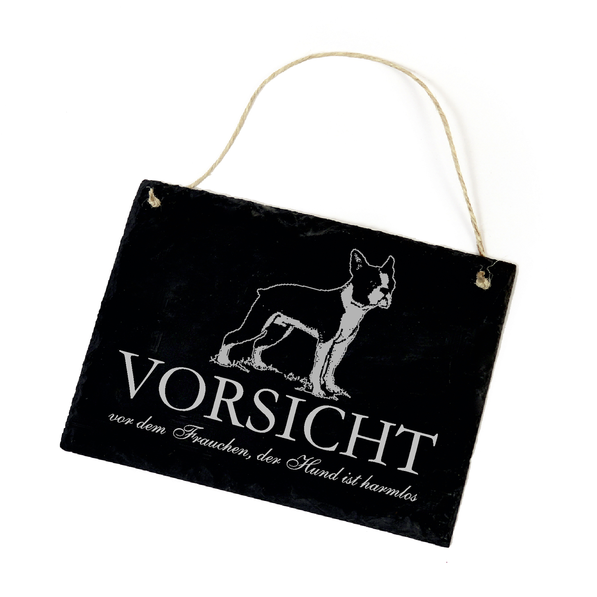 Hundeschild Boston Terrier Schild aus Schiefer - Vorsicht vor dem Frauchen - 22cm x 16cm