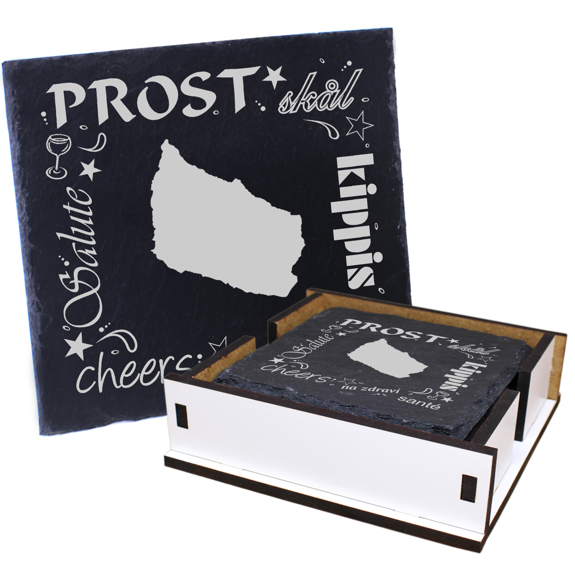 5 x Schiefer Untersetzer - Prost Insel Bornholm - inkl. Holzbox & Flaschenuntersetzer