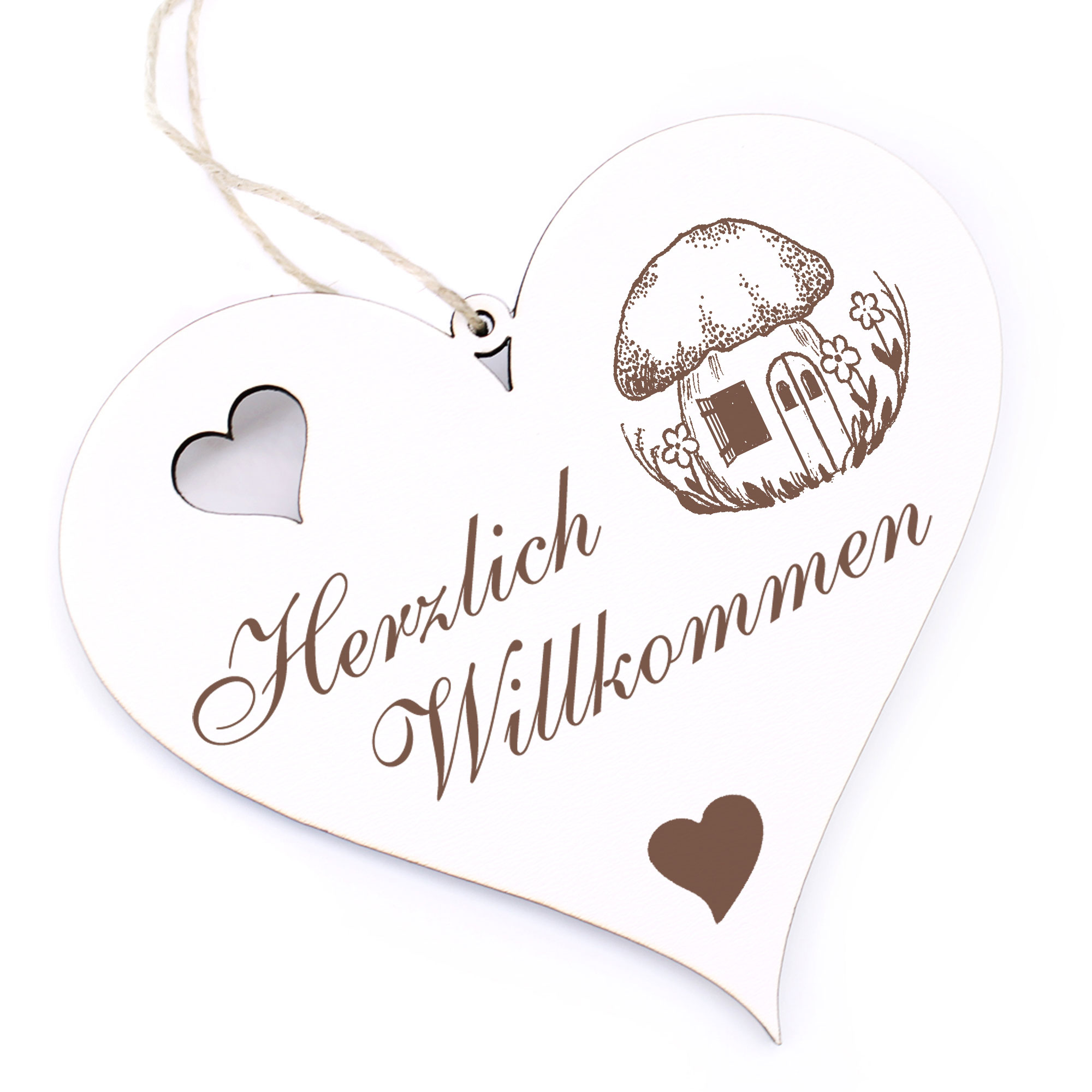 Herzlich Willkommen Schild - Pilzhaus mit Fenster - Deko Herz Holz