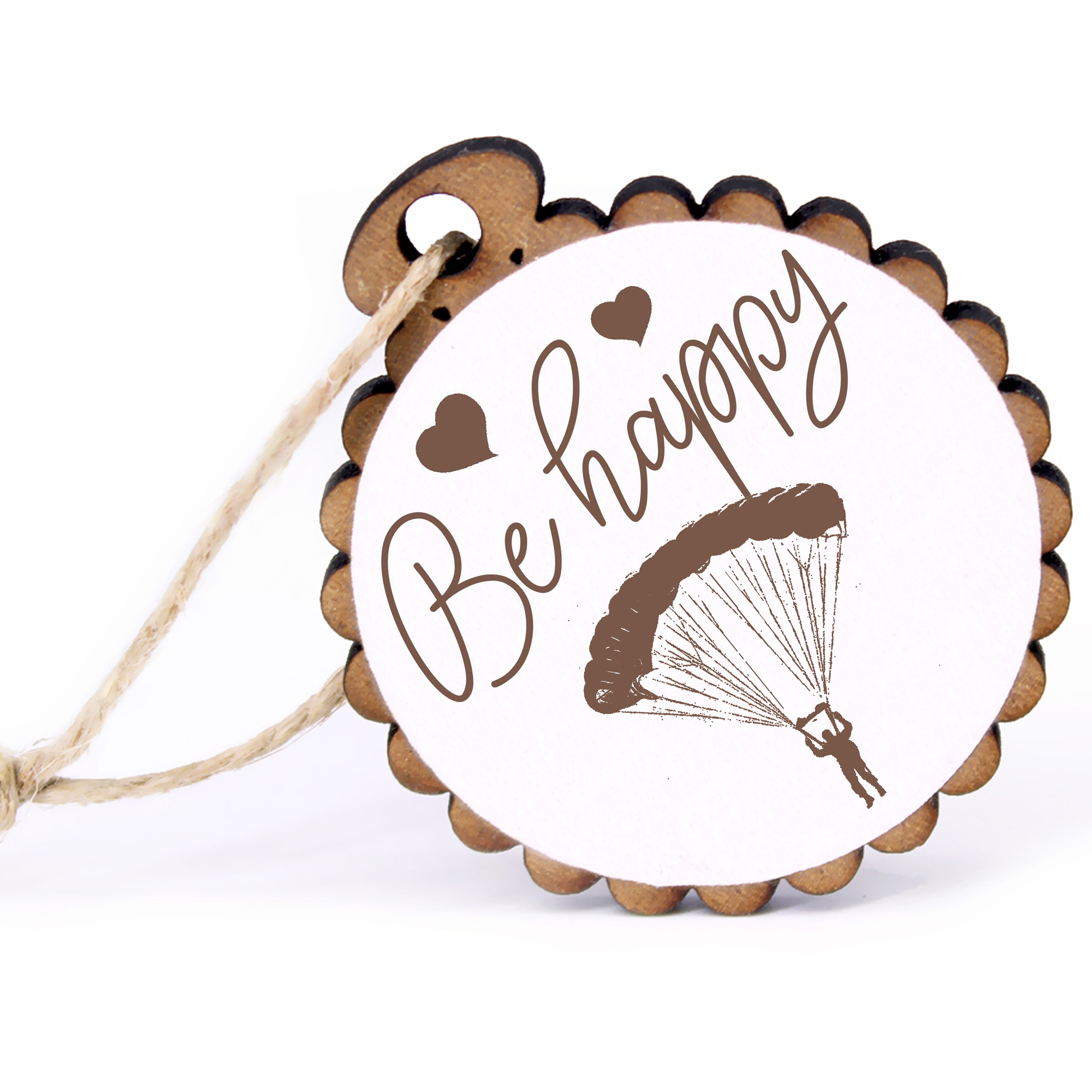 Geschenkanhänger - Be Happy Fallschirm -  Holz Ø-5cm - mit Juteband