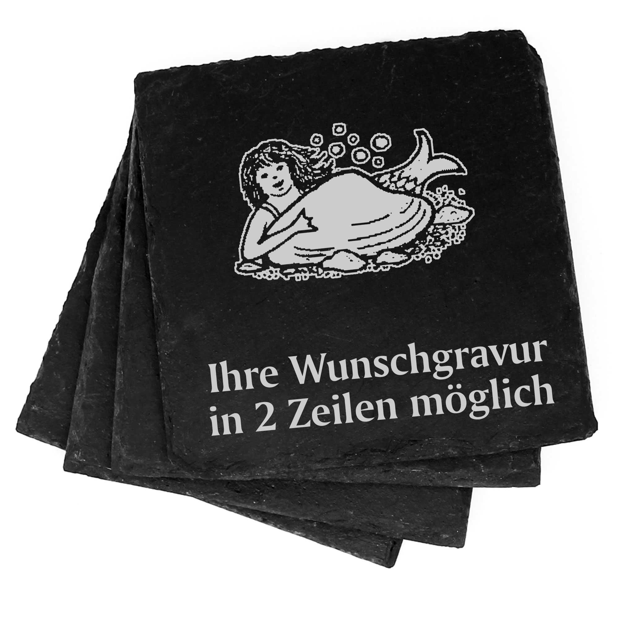4x Meerjungfrau mit Muschel Deko Schiefer Untersetzer Wunschgravur Set - 11 x 11 cm