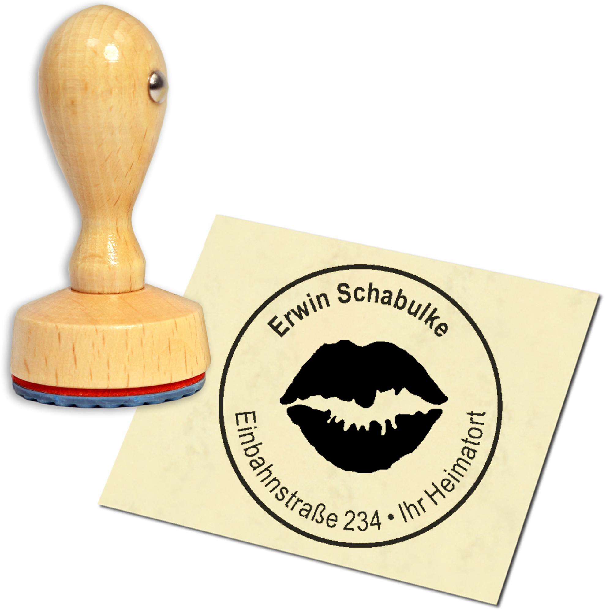 Stempel Adressstempel Holzstempel - Kussmund - rund 40mm