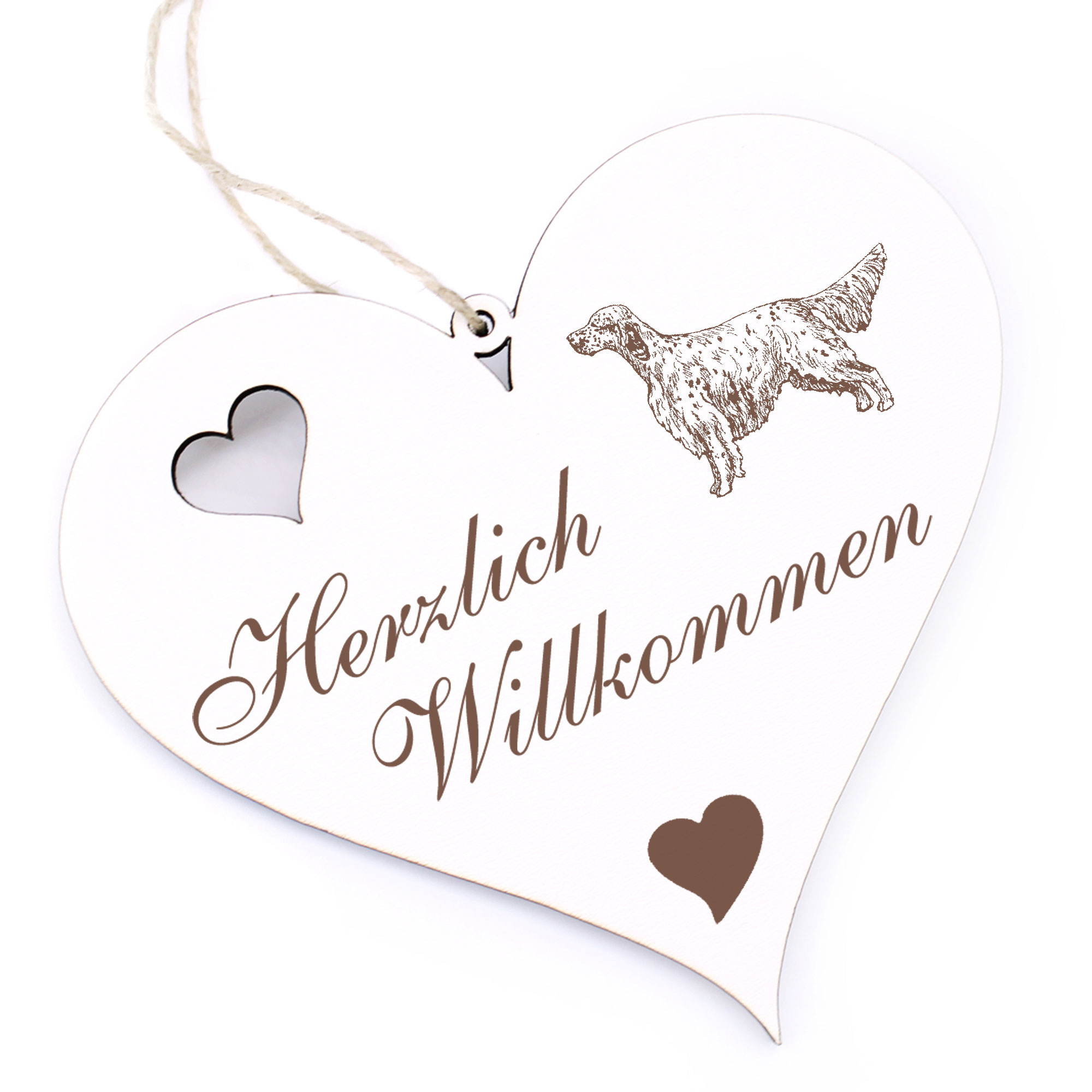 Herzlich Willkommen Schild - heller English Setter - Deko Herz Holz