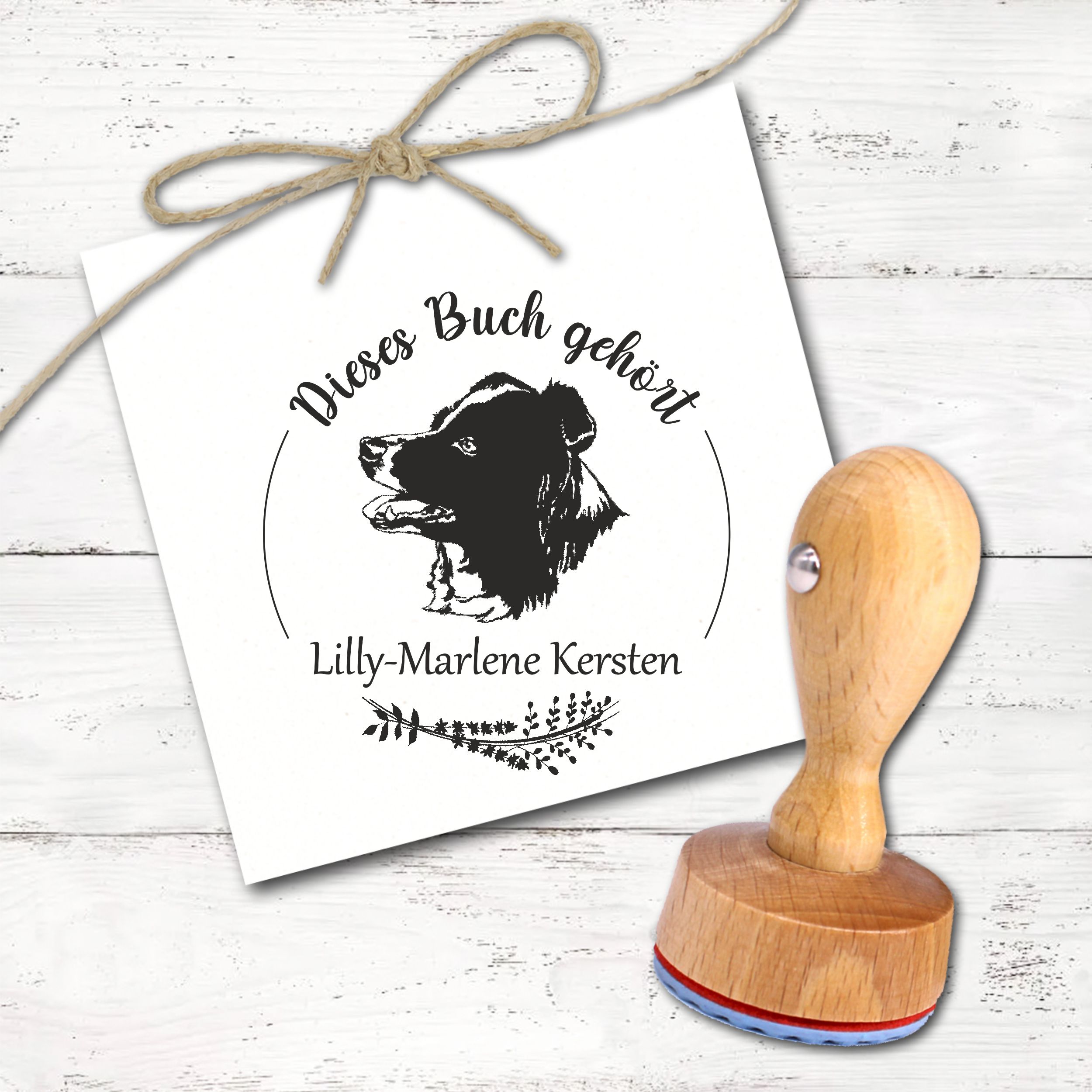 Ex Libris Stempel personalisiert mit Namen Motiv Australian Shepherd - Bücherstempel individuell - für Kinder, Schule & Lehrer - Ø 38 mm