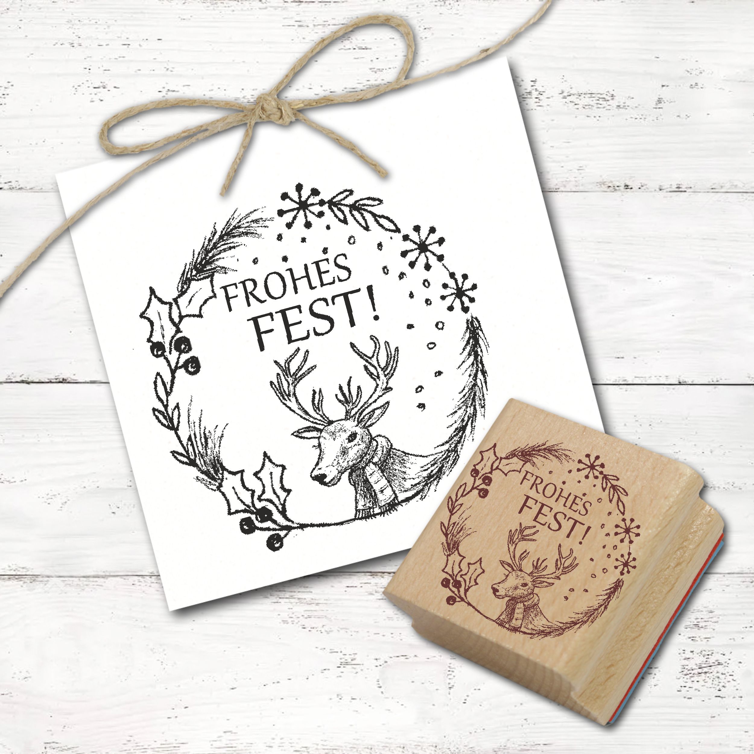 Motivstempel Rentier Frohes Fest - Mistelzweig Stempel rund Holzstempel 48mm x 48mm