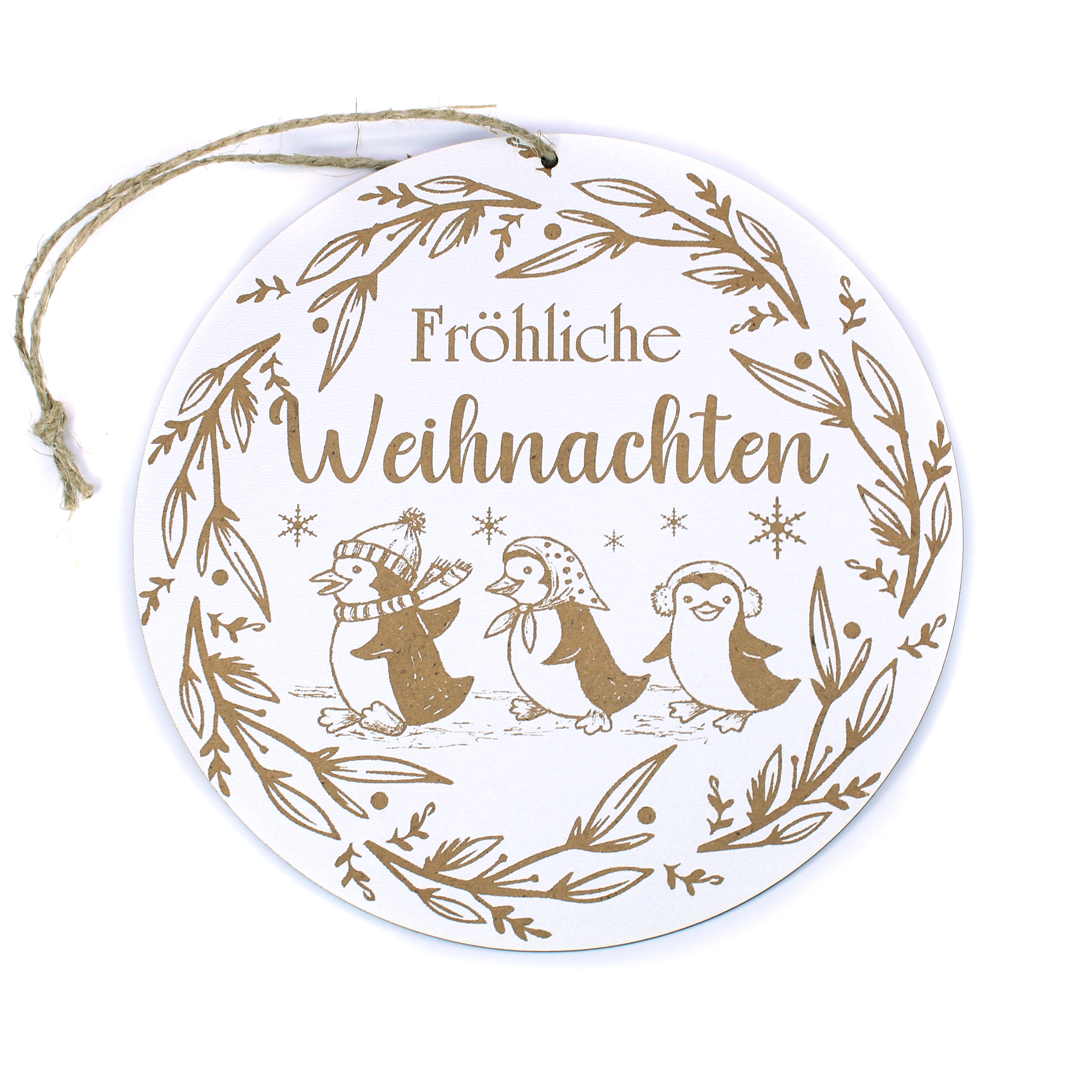 Dekoschild „Fröhliche Weihnachten“ Pinguinfamilie Schild Deko – Rund Wandschild – 17×17 cm