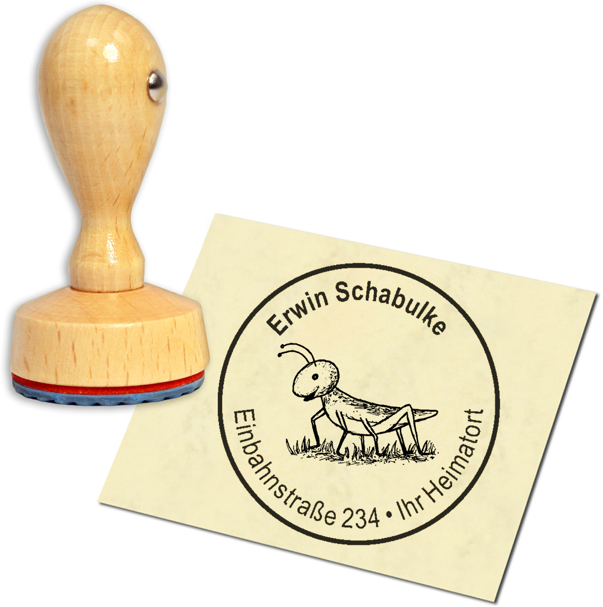 Stempel Adressstempel Holzstempel - niedlicher Grashüpfer - rund 40mm
