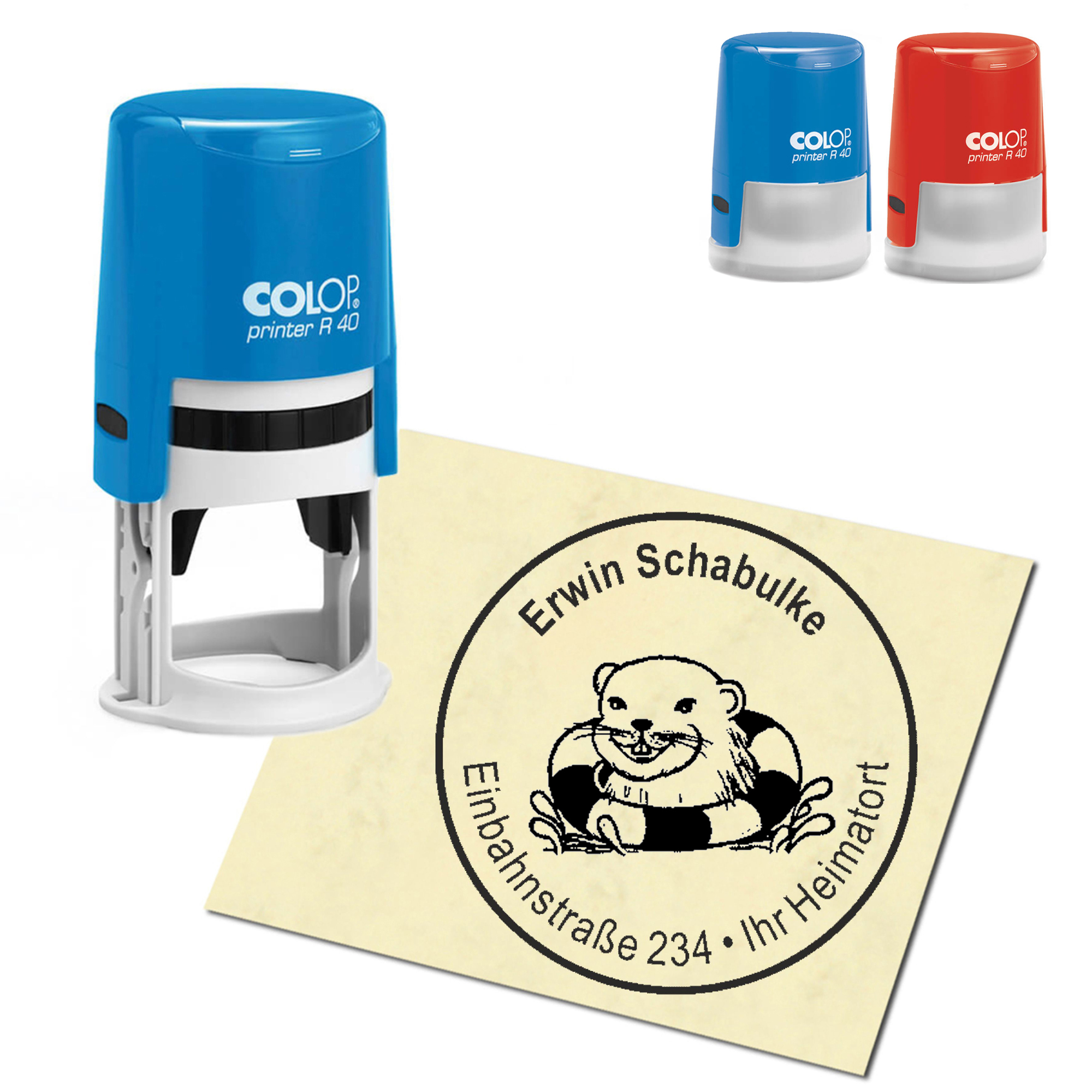Stempel Adressstempel personalisiert - Robbenkopf mit Schwimmreifen - rund &empty; 40mm