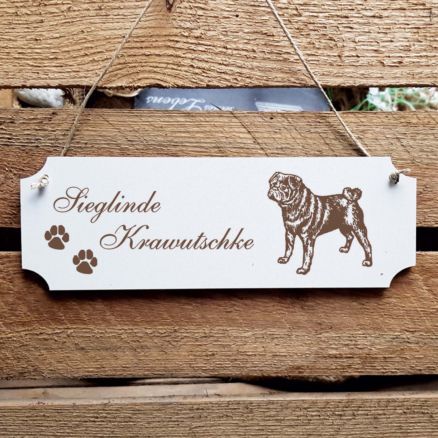 Schild « Mops dunkel » Namensschild Türschild zum Anhängen - 20 x 6,7 cm