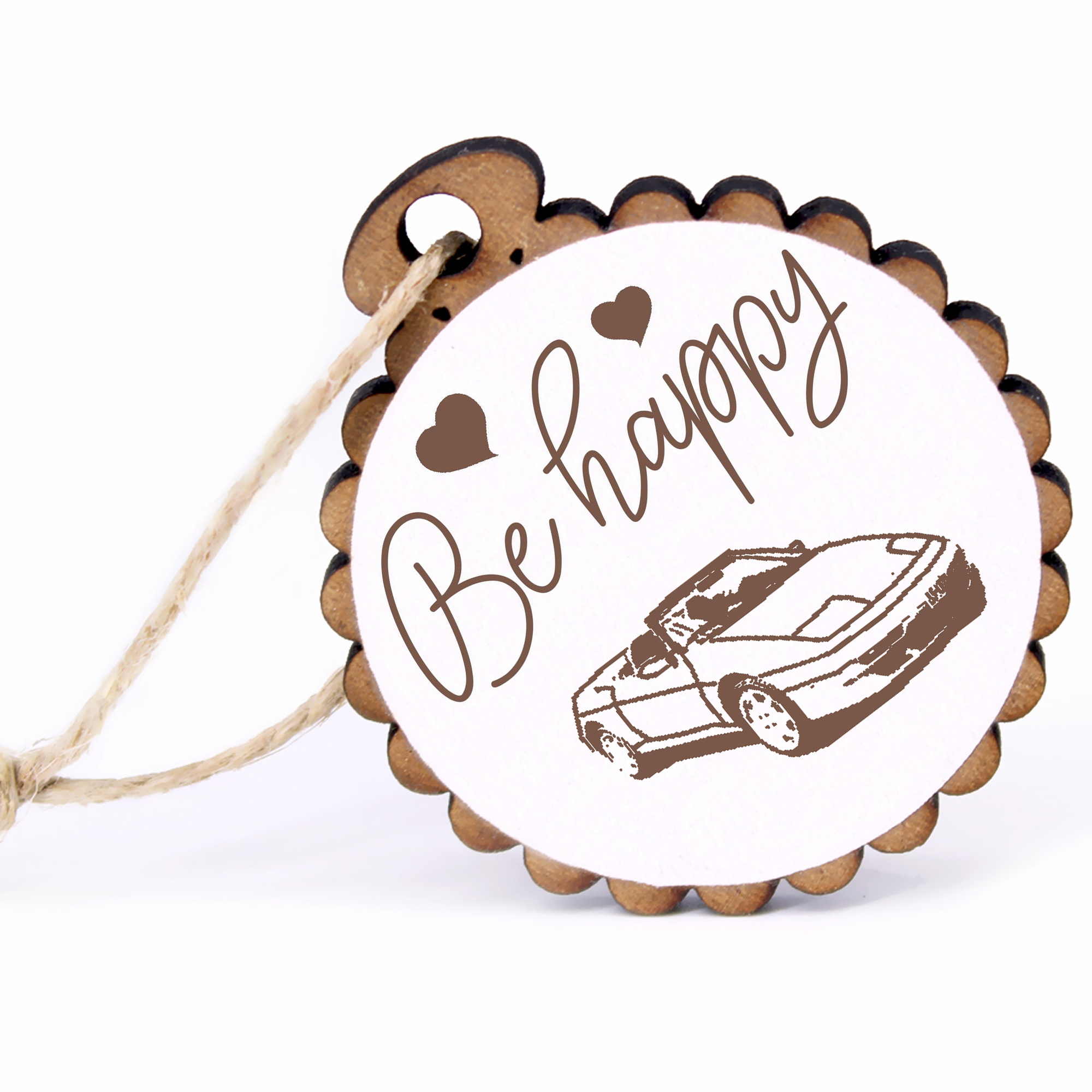Geschenkanhänger - Be Happy Rennauto -  Holz Ø-5cm - mit Juteband
