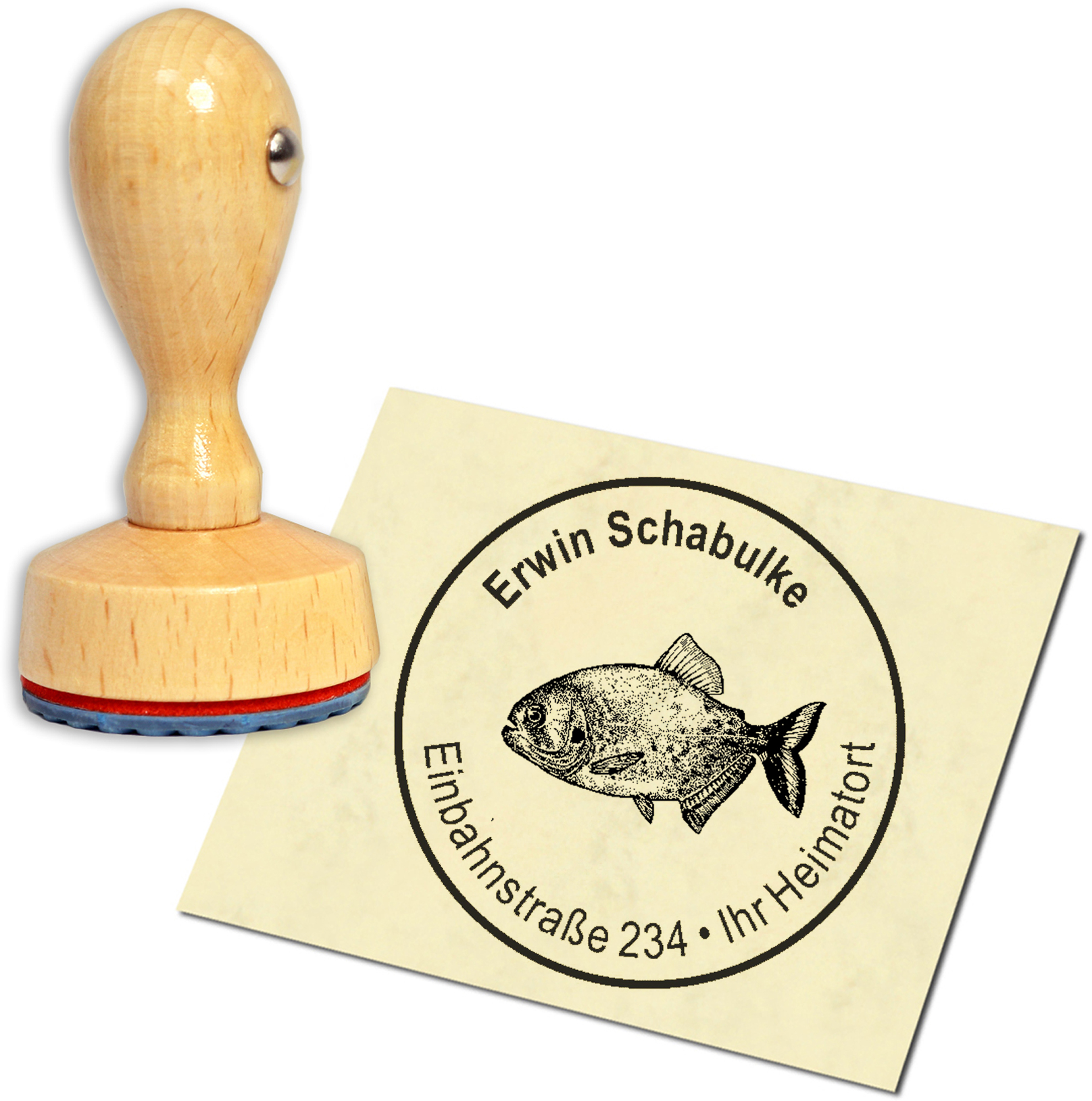 Stempel Adressstempel Holzstempel - Piranha - rund 40mm