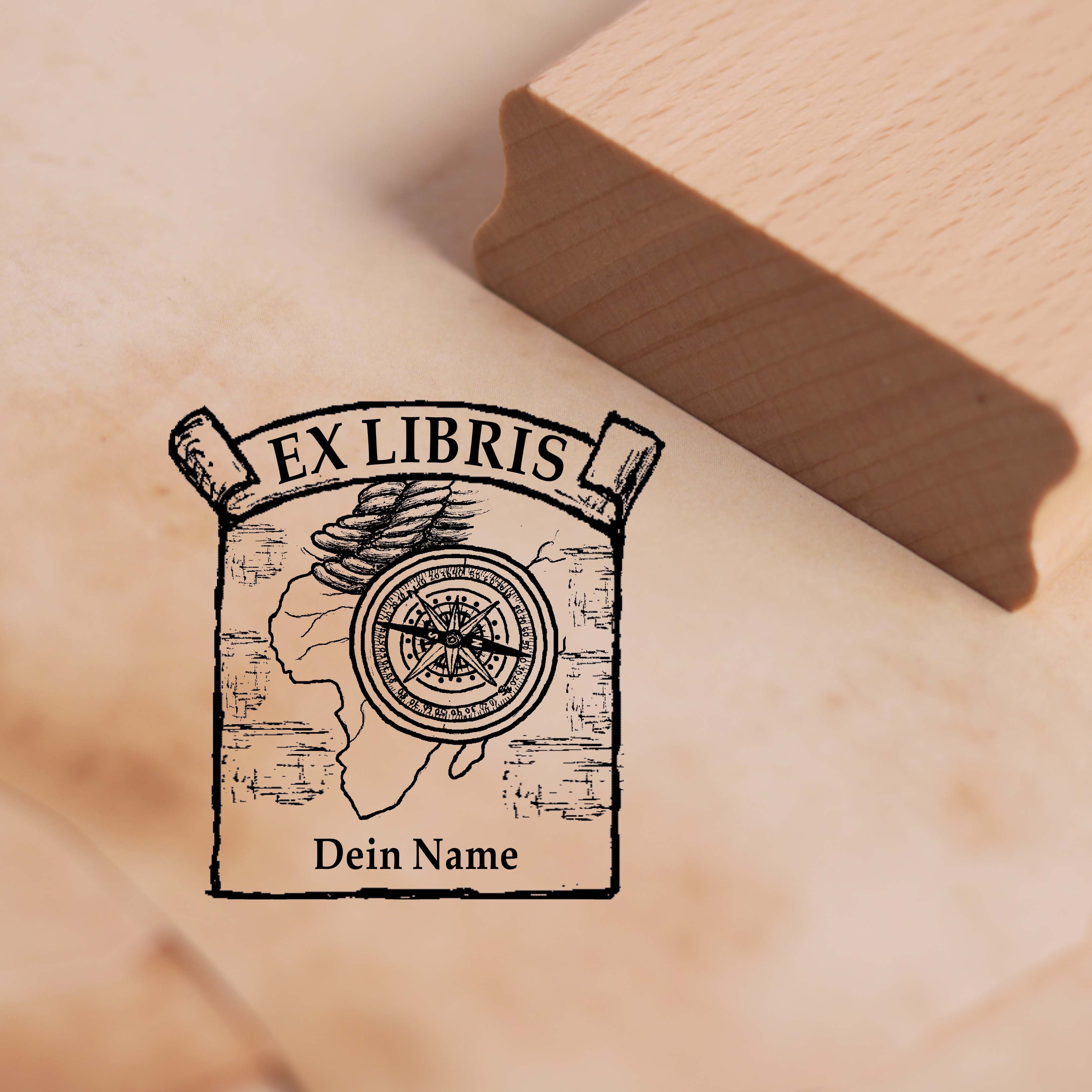 Ex Libris Stempel mit Name - Kompass Seil Nautik - Exlibris Motivstempel 48 x 48 mm