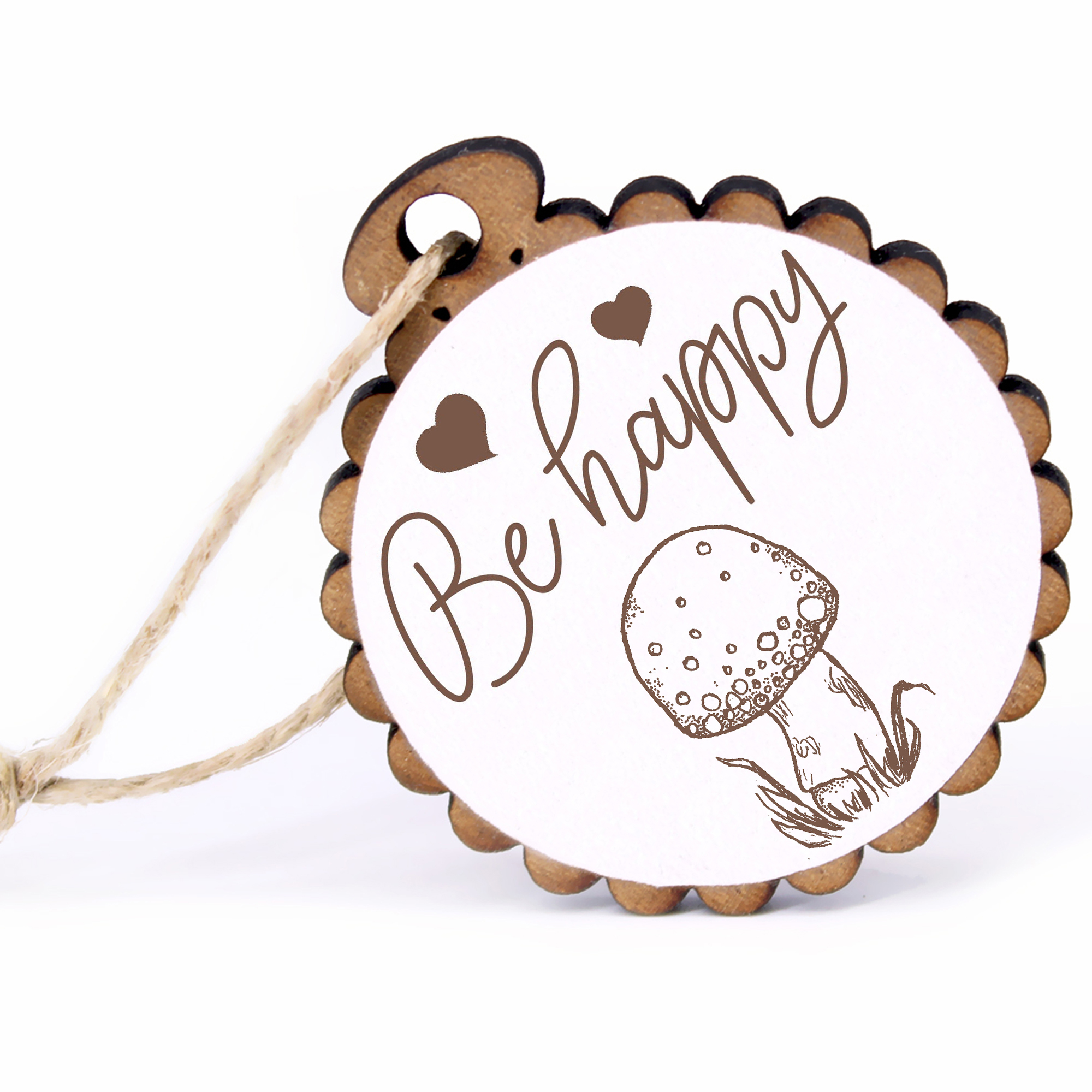 Geschenkanhänger - Be Happy kleiner Fliegenpilz -  Holz Ø-5cm - mit Juteband