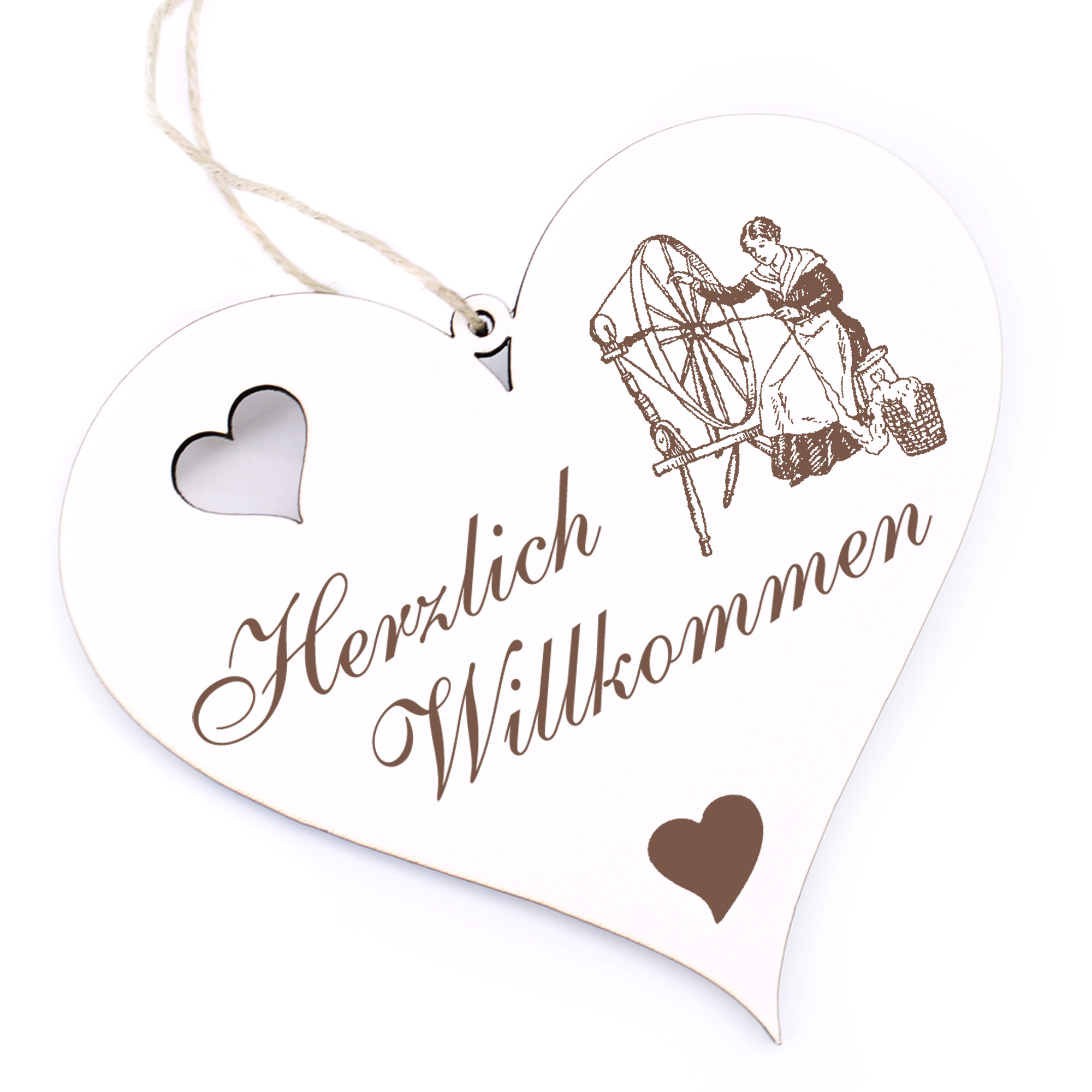 Herzlich Willkommen Schild - Schneiderin am Spinnrad - Deko Herz Holz