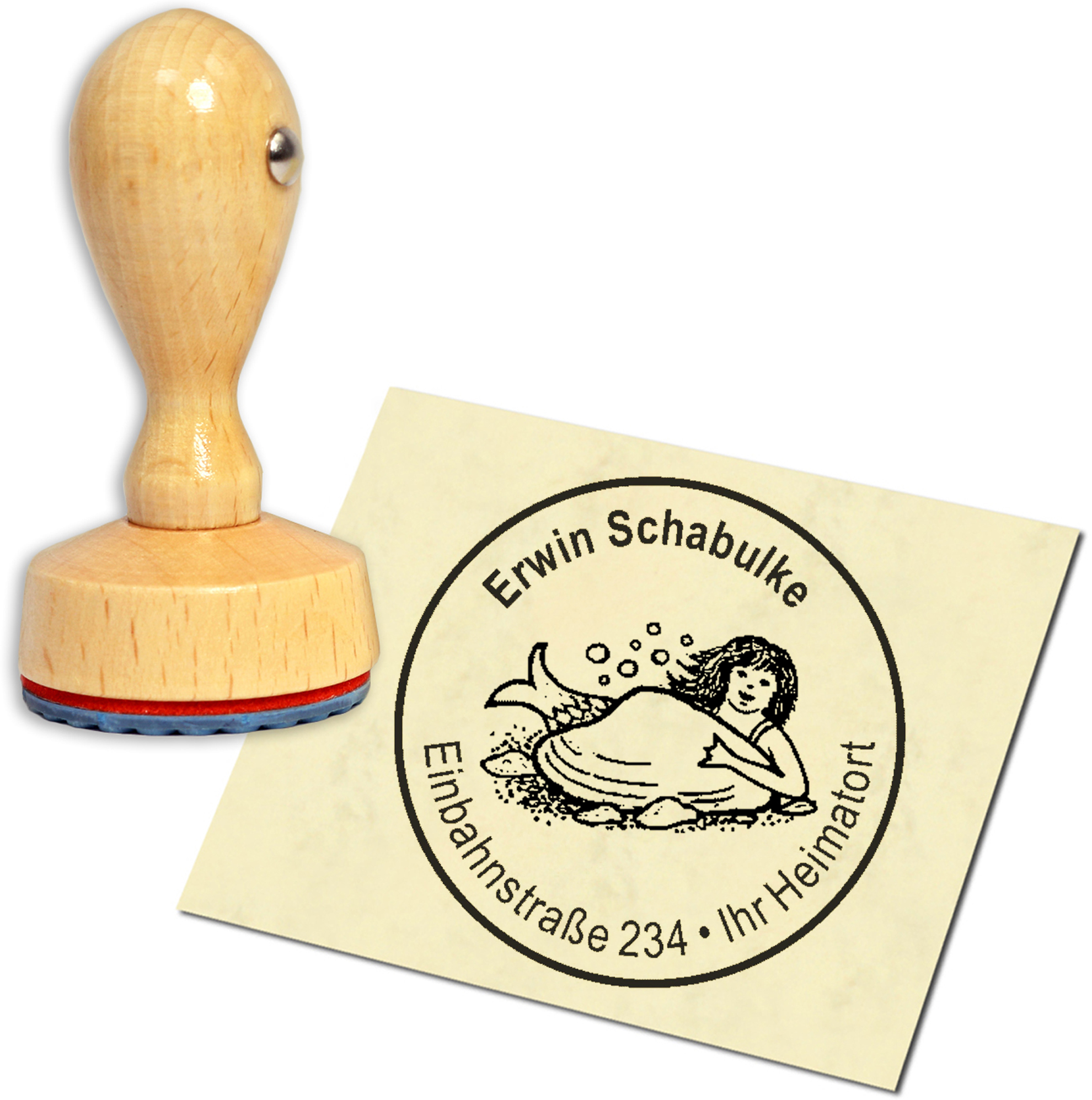 Stempel Adressstempel Holzstempel - Meerjungfrau mit Muschel - rund 40mm