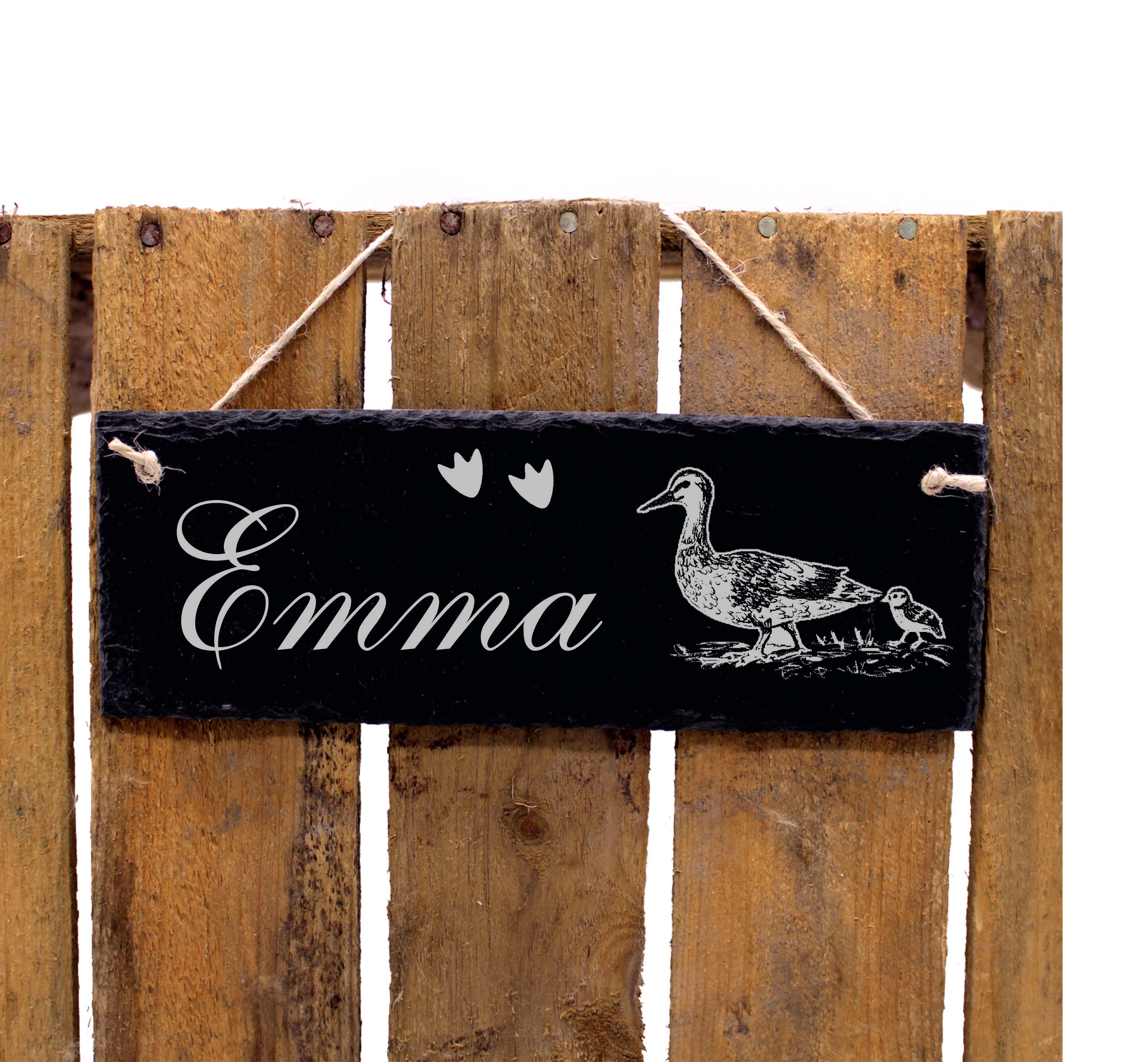 Schiefertafel Stallschild Ente - Türschild mit Namen - zum Anhängen 22 x 8 cm