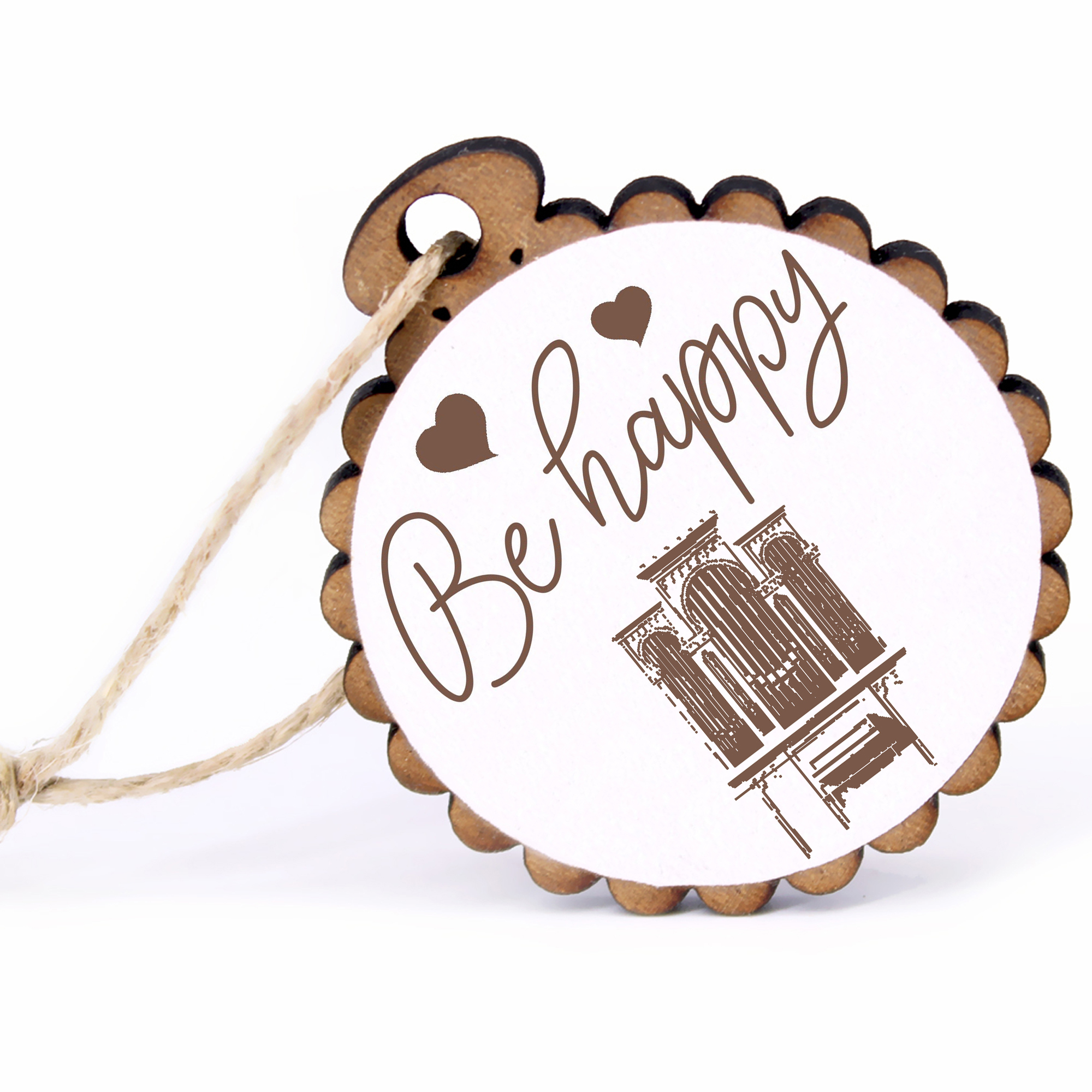 Geschenkanhänger - Be Happy Orgel -  Holz Ø-5cm - mit Juteband
