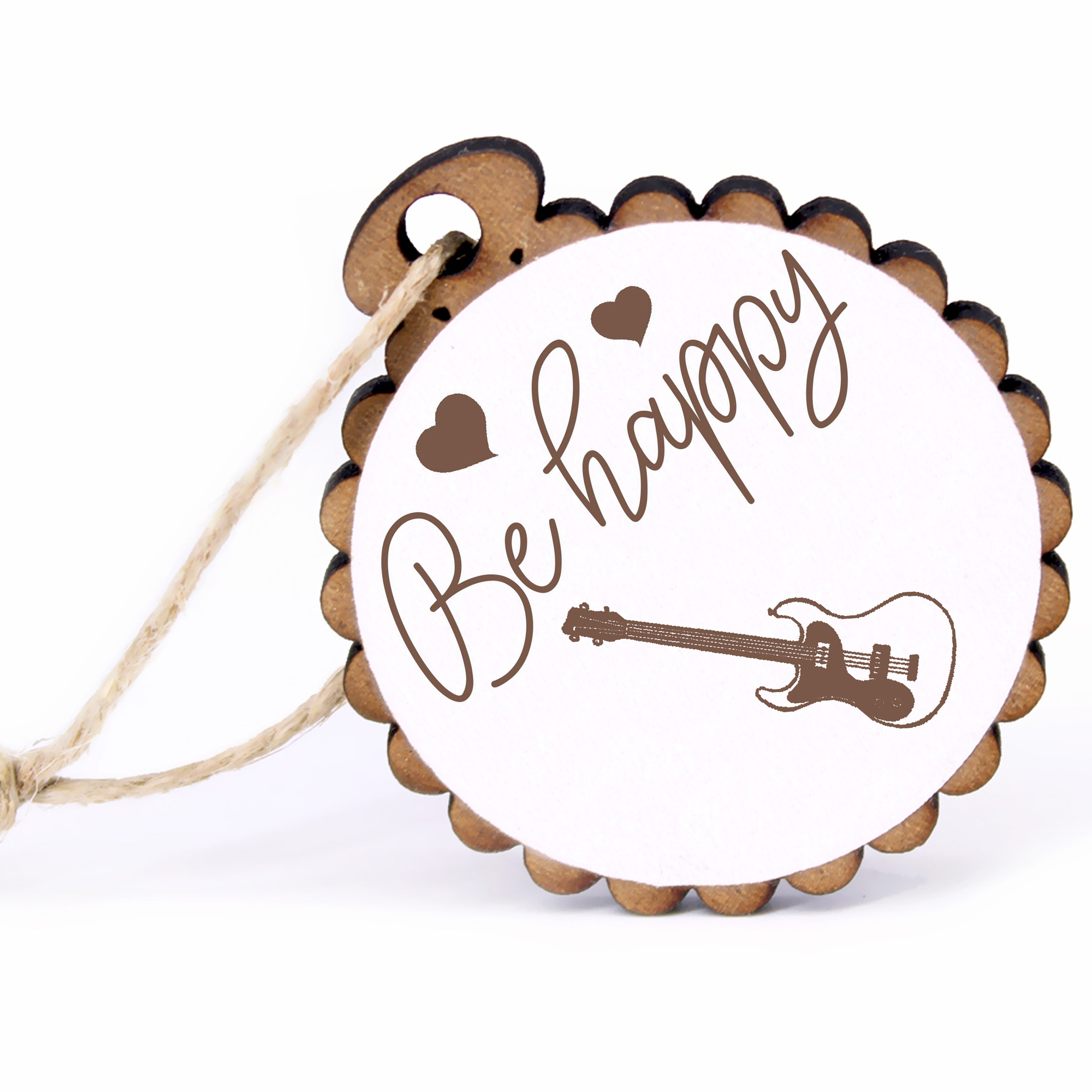 Geschenkanhänger - Be Happy Bassgitarre -  Holz Ø-5cm - mit Juteband