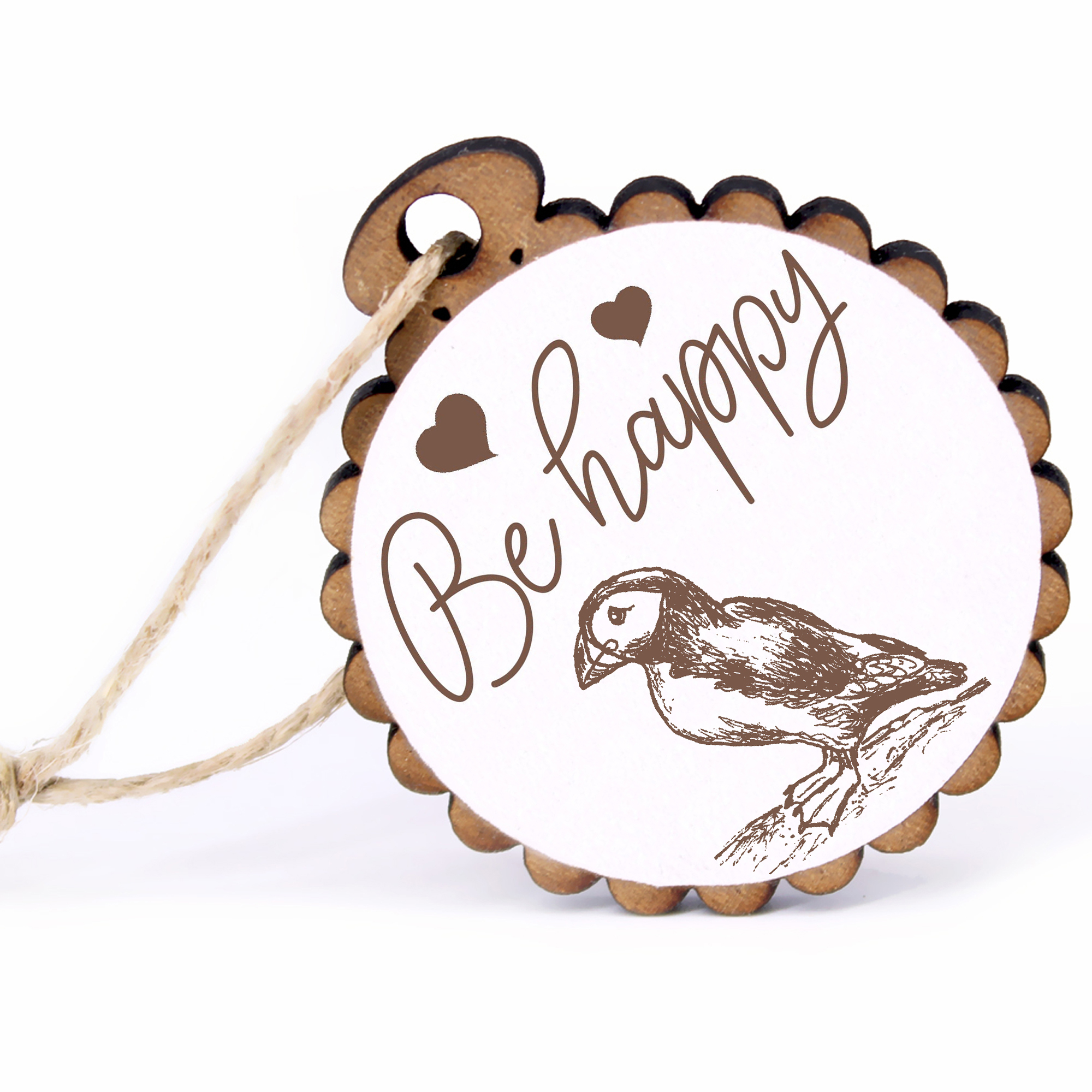 Geschenkanhänger - Be Happy Papageitaucher Puffin -  Holz Ø-5cm - mit Juteband