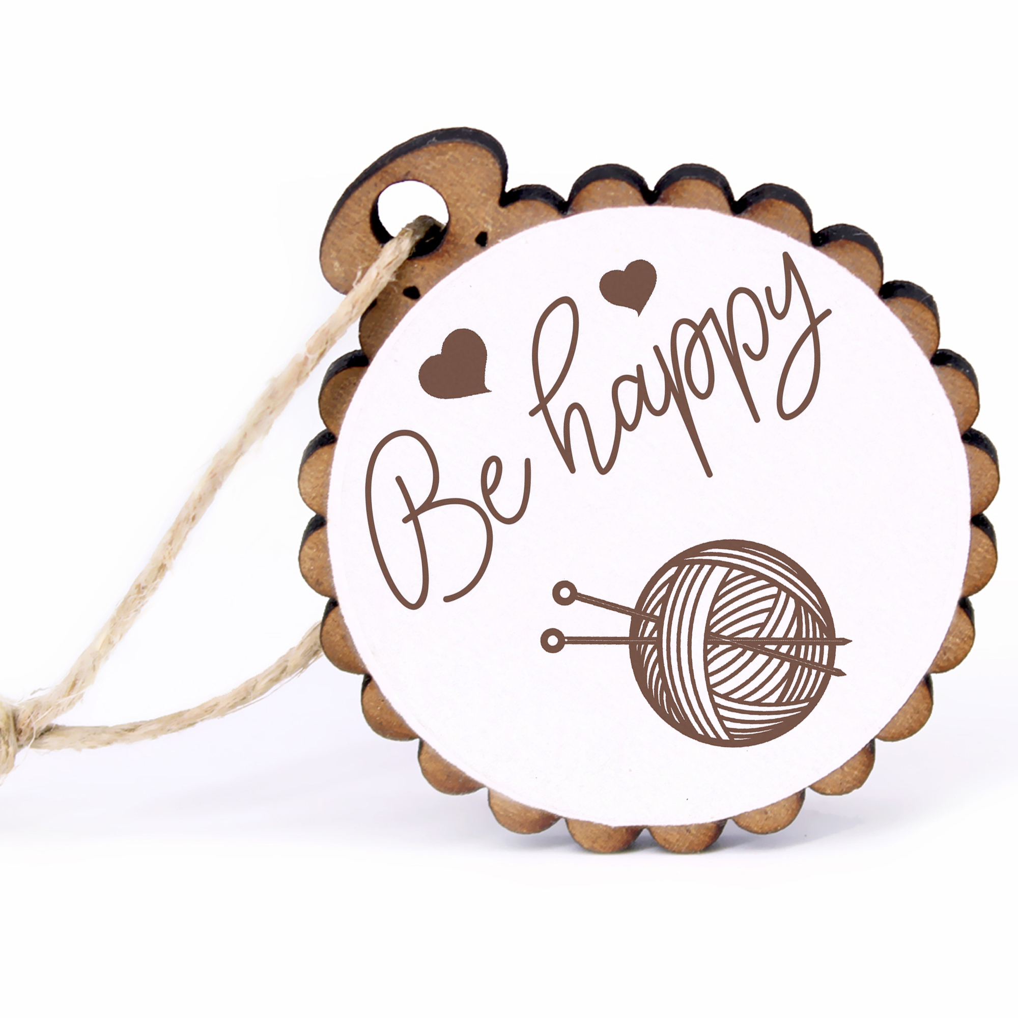 Geschenkanhänger - Be Happy Stricken -  Holz Ø-5cm - mit Juteband