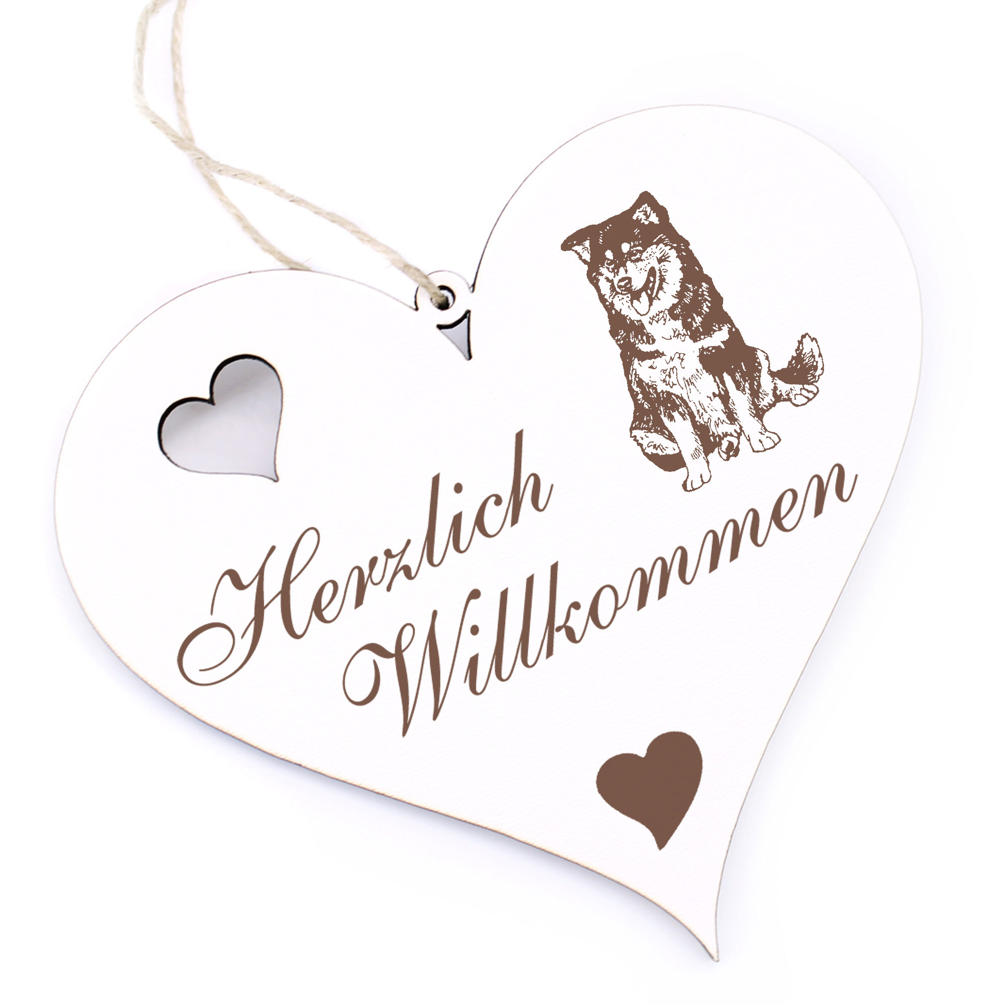 Herzlich Willkommen Schild - Finnischer Lapphund - Deko Herz Holz