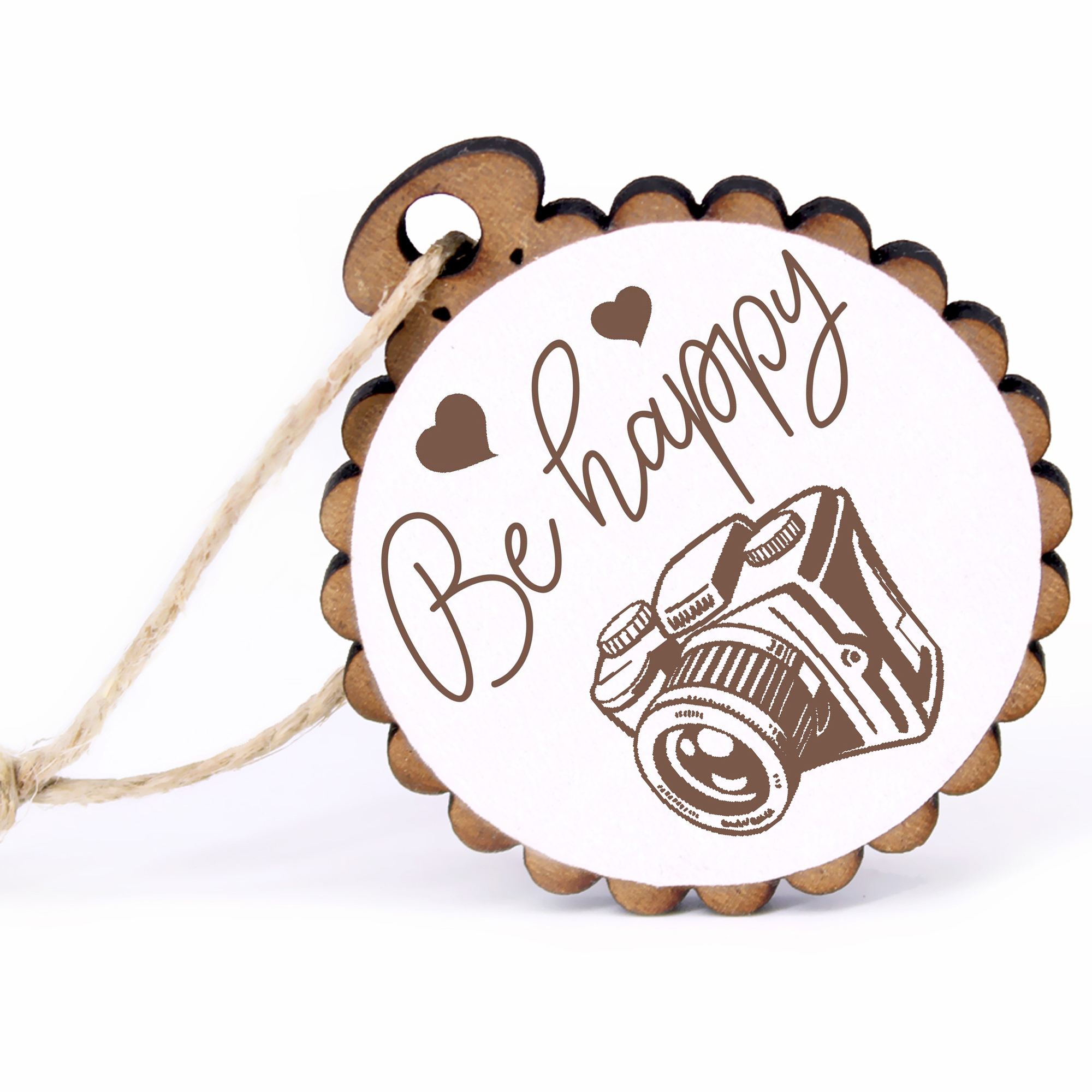 Geschenkanhänger - Be Happy Kamera -  Holz Ø-5cm - mit Juteband