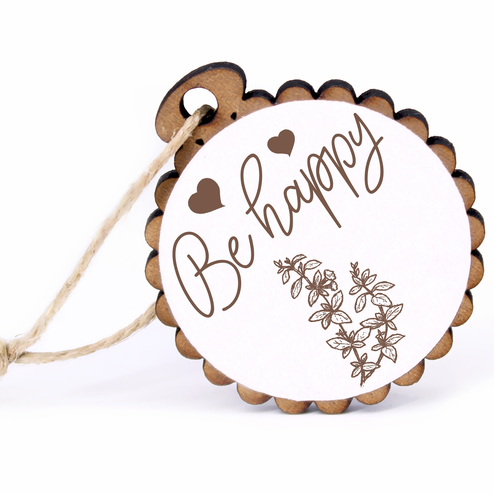 Geschenkanhänger - Be Happy Basilikum -  Holz Ø-5cm - mit Juteband